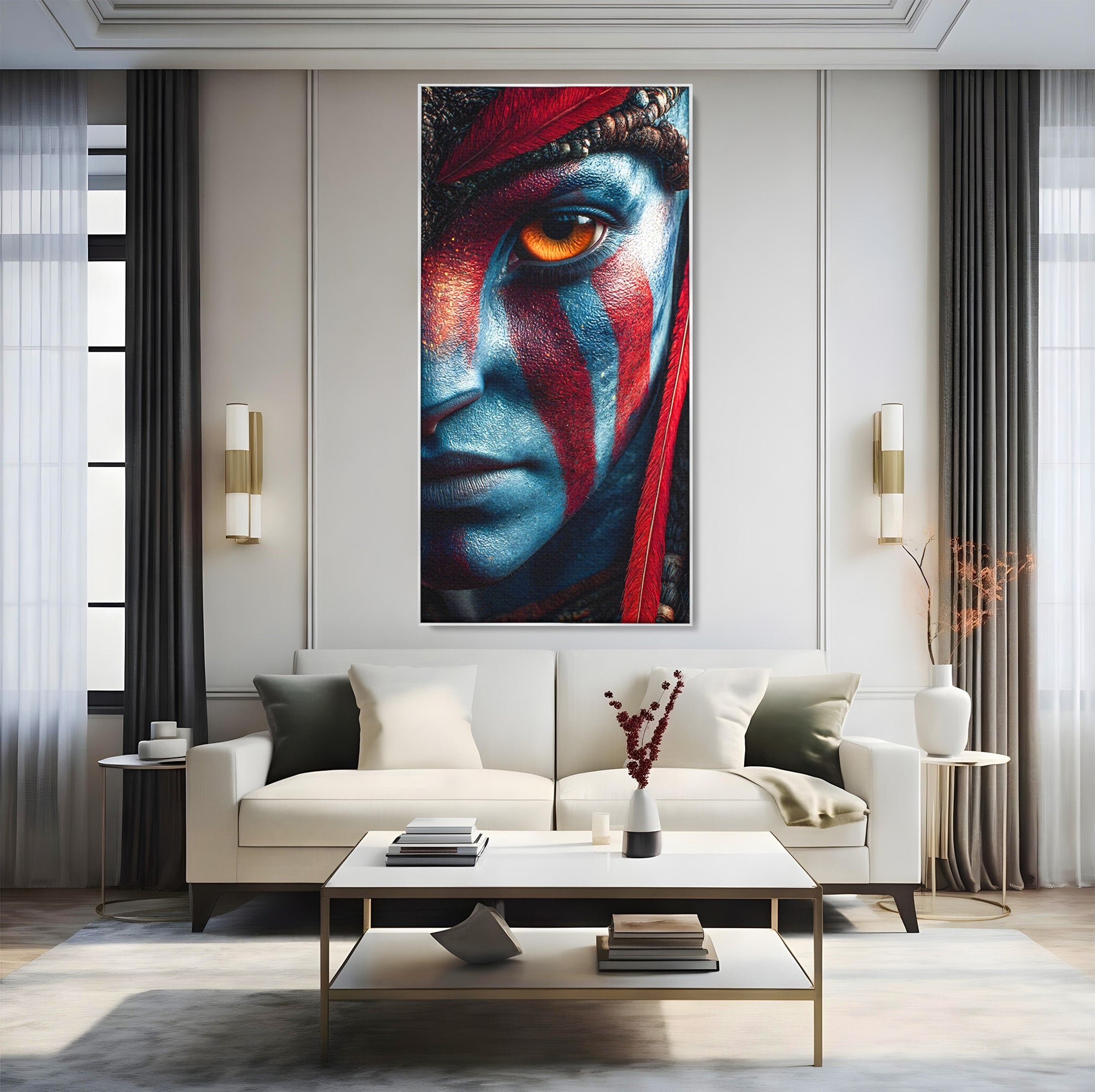 Tablou Canvas Premium LuxCanva® PI1252, Chipul Razboinicei, Portret, Fantezie, Neytiri, Detalii, Dormitor, Culori Vibrante