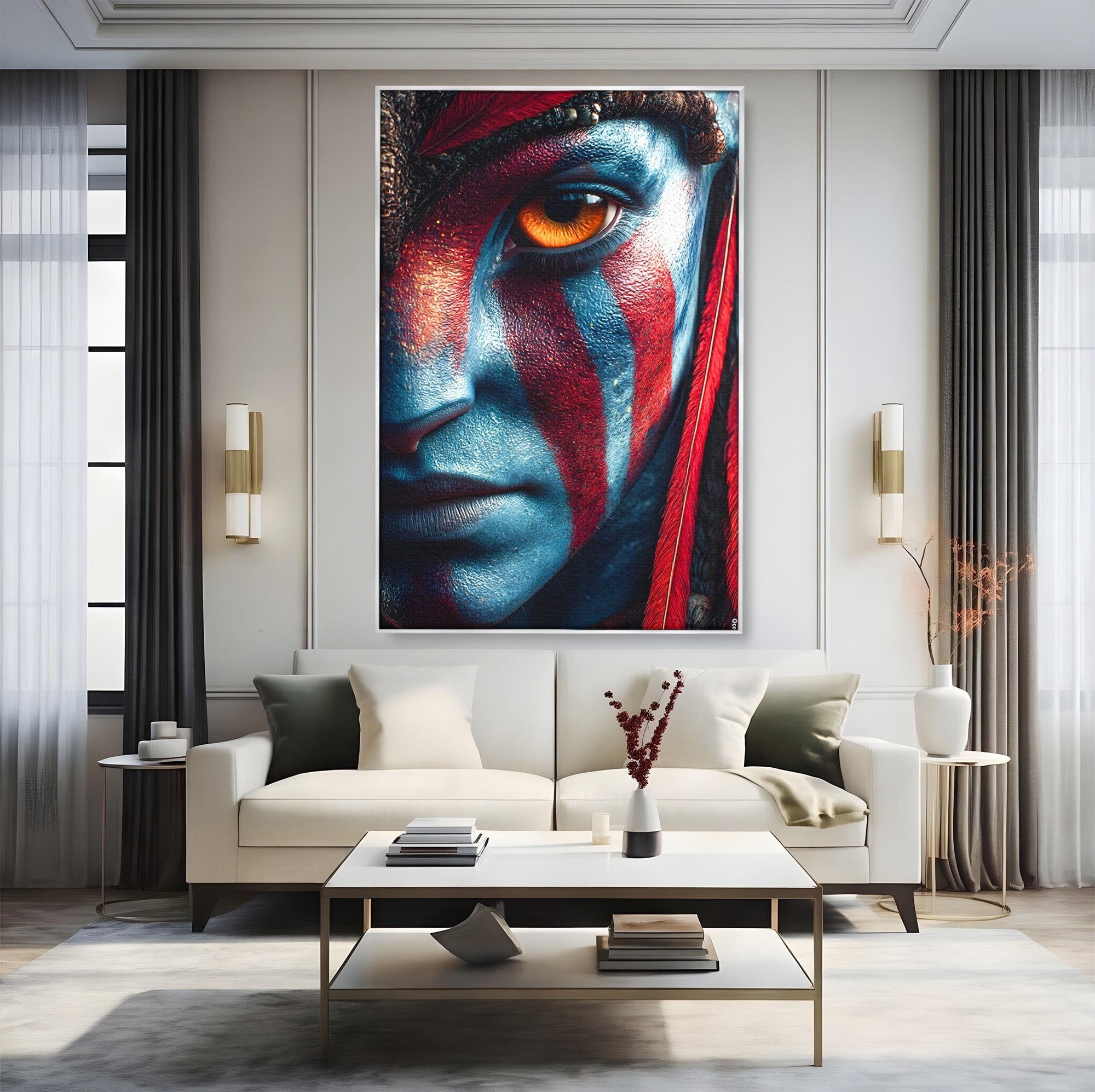 Tablou Canvas Premium LuxCanva® PI1252, Chipul Razboinicei, Portret, Fantezie, Neytiri, Detalii, Dormitor, Culori Vibrante