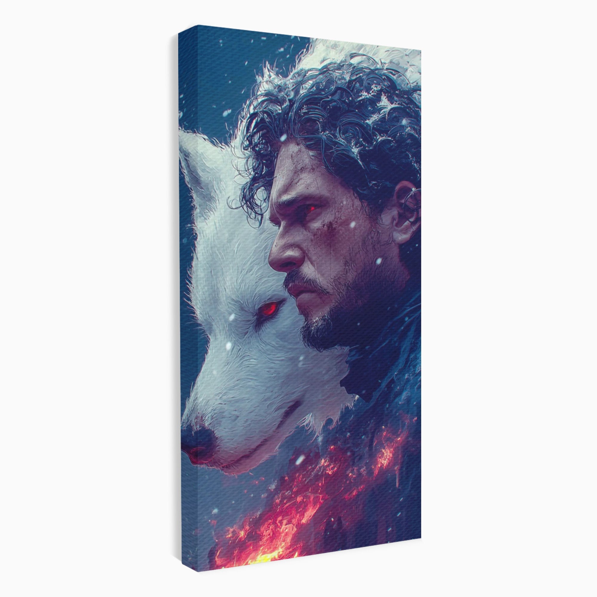 Tablou Canvas Premium LuxCanva® PI1257, Lupul si John Snow, Sabaticie, Foc, Fantezie, Mister, Dormitor, Living, Culori Vibrante