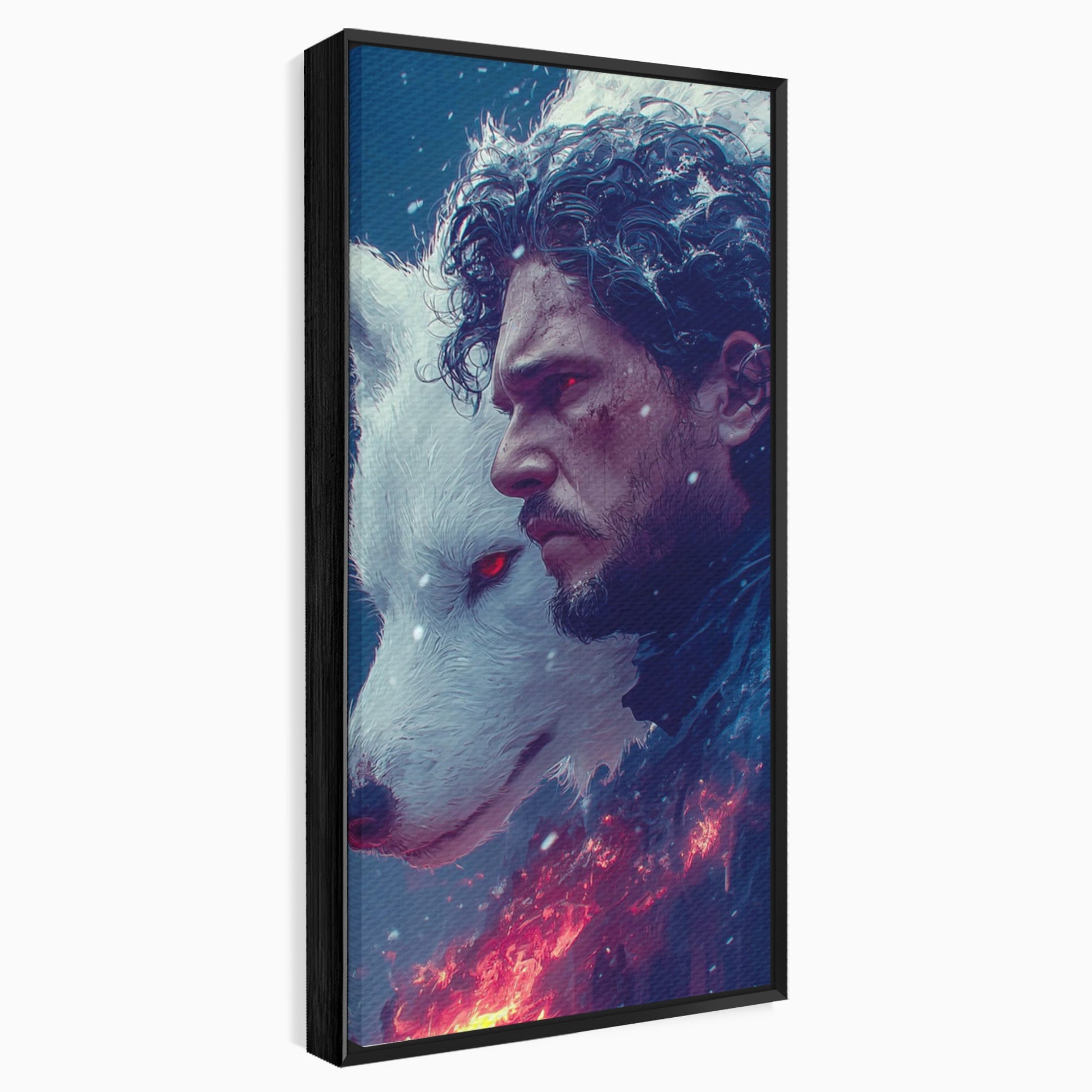 Tablou Canvas Premium LuxCanva® PI1257, Lupul si John Snow, Sabaticie, Foc, Fantezie, Mister, Dormitor, Living, Culori Vibrante