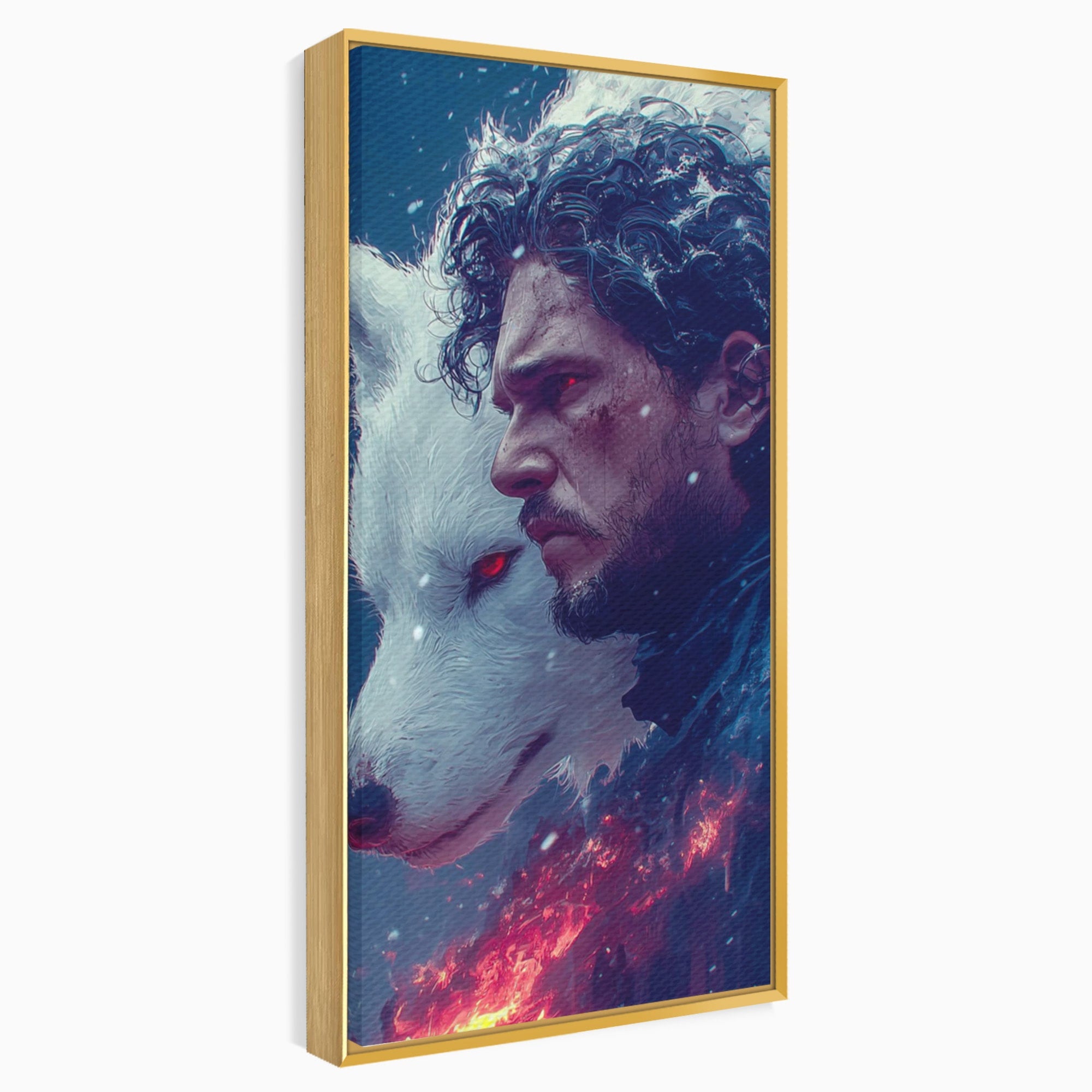 Tablou Canvas Premium LuxCanva® PI1257, Lupul si John Snow, Sabaticie, Foc, Fantezie, Mister, Dormitor, Living, Culori Vibrante