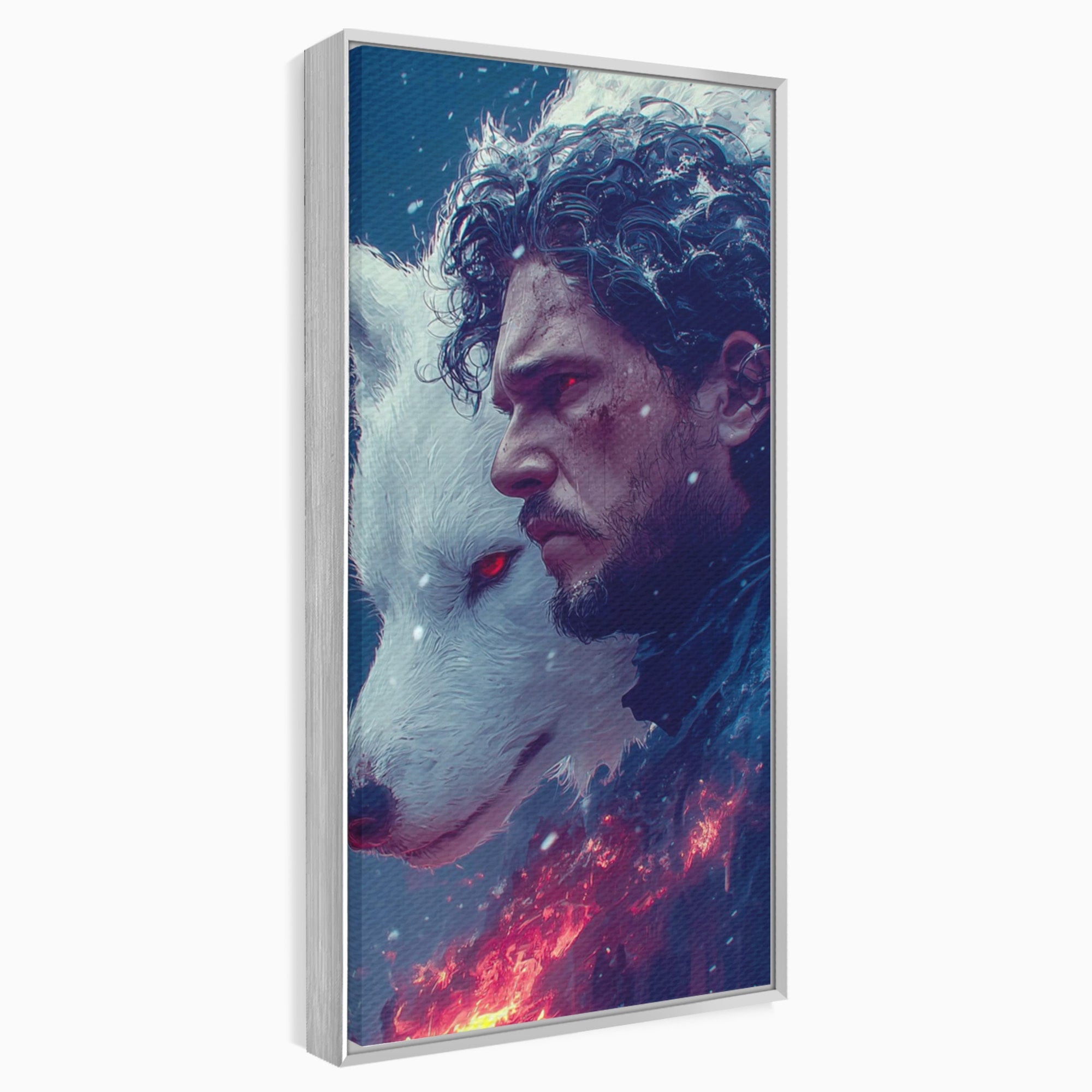 Tablou Canvas Premium LuxCanva® PI1257, Lupul si John Snow, Sabaticie, Foc, Fantezie, Mister, Dormitor, Living, Culori Vibrante