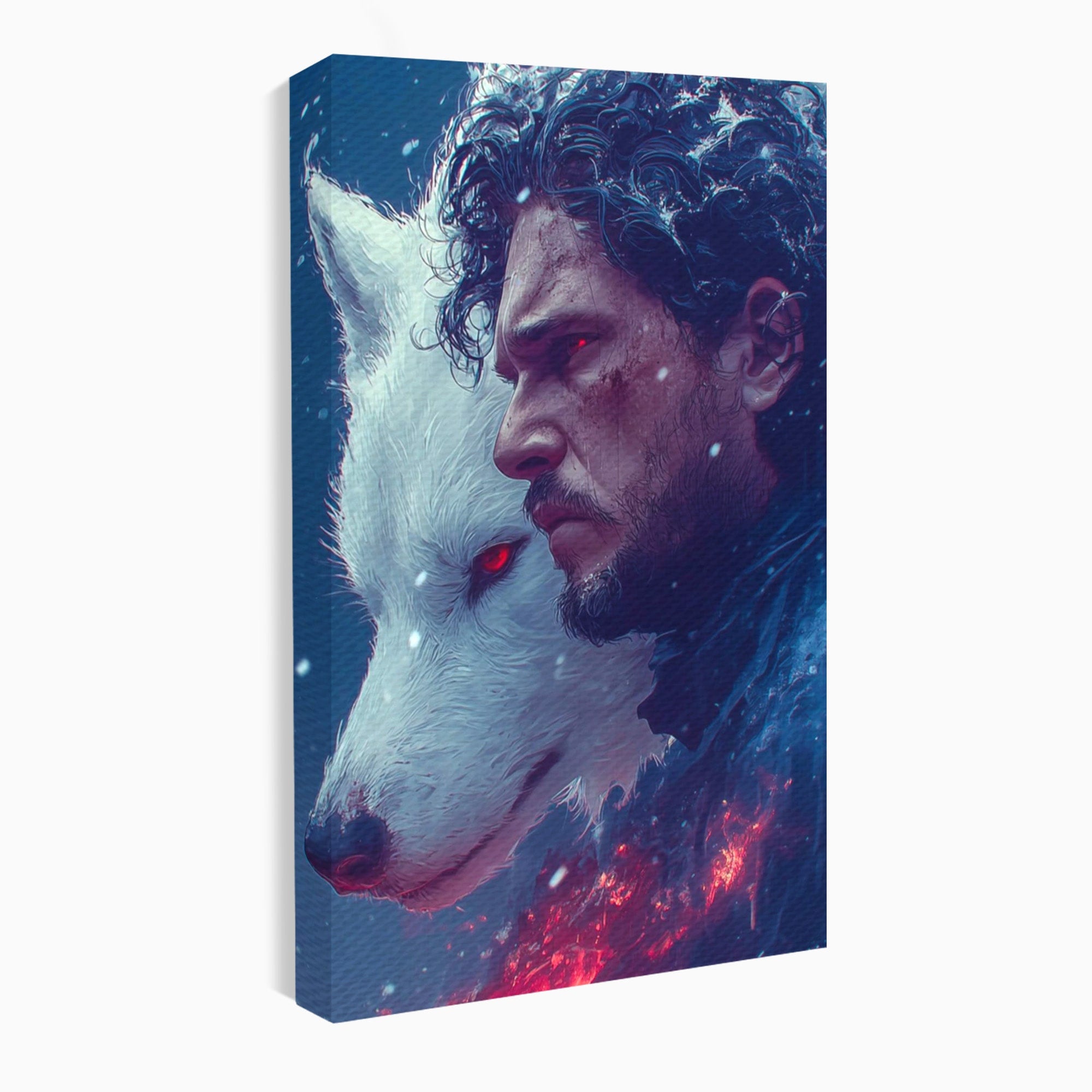 Tablou Canvas Premium LuxCanva® PI1257, Lupul si John Snow, Sabaticie, Foc, Fantezie, Mister, Dormitor, Living, Culori Vibrante