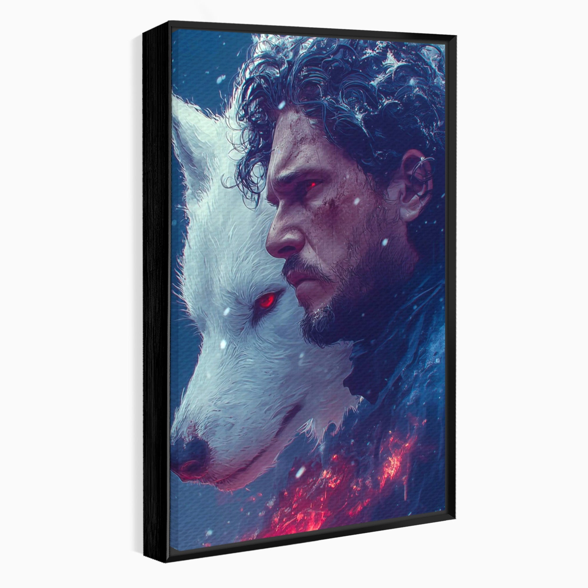 Tablou Canvas Premium LuxCanva® PI1257, Lupul si John Snow, Sabaticie, Foc, Fantezie, Mister, Dormitor, Living, Culori Vibrante