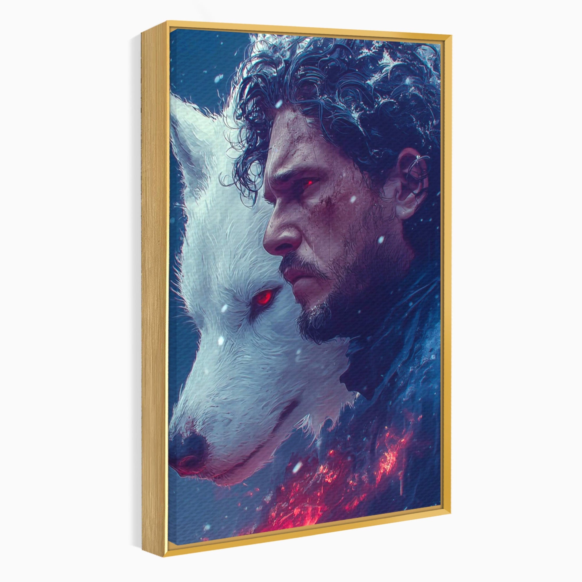 Tablou Canvas Premium LuxCanva® PI1257, Lupul si John Snow, Sabaticie, Foc, Fantezie, Mister, Dormitor, Living, Culori Vibrante