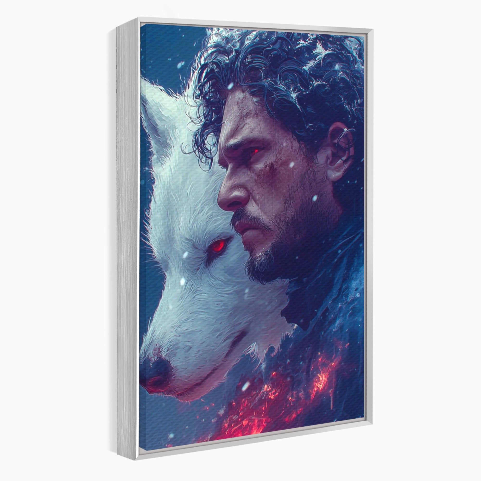 Tablou Canvas Premium LuxCanva® PI1257, Lupul si John Snow, Sabaticie, Foc, Fantezie, Mister, Dormitor, Living, Culori Vibrante