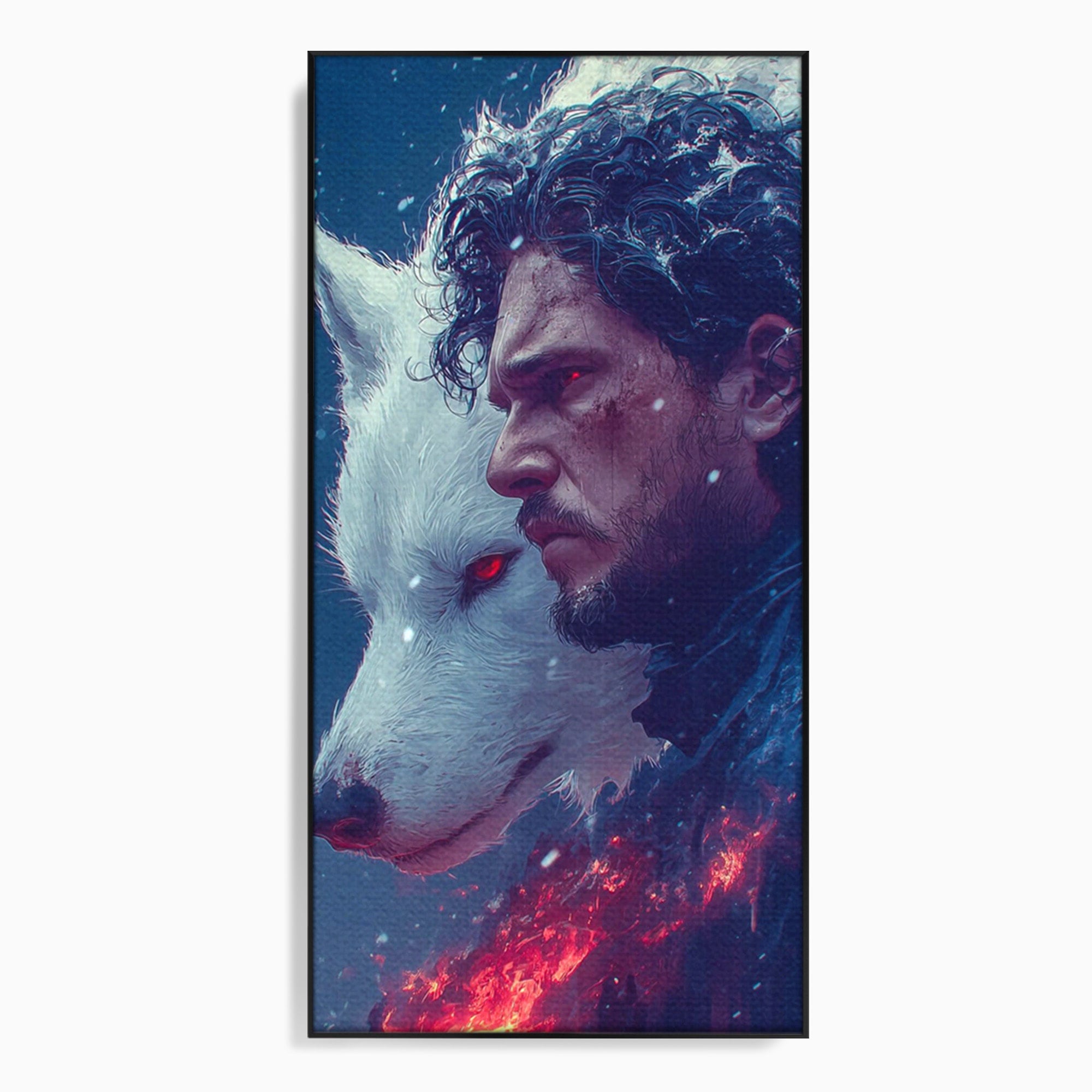 Tablou Canvas Premium LuxCanva® PI1257, Lupul si John Snow, Sabaticie, Foc, Fantezie, Mister, Dormitor, Living, Culori Vibrante