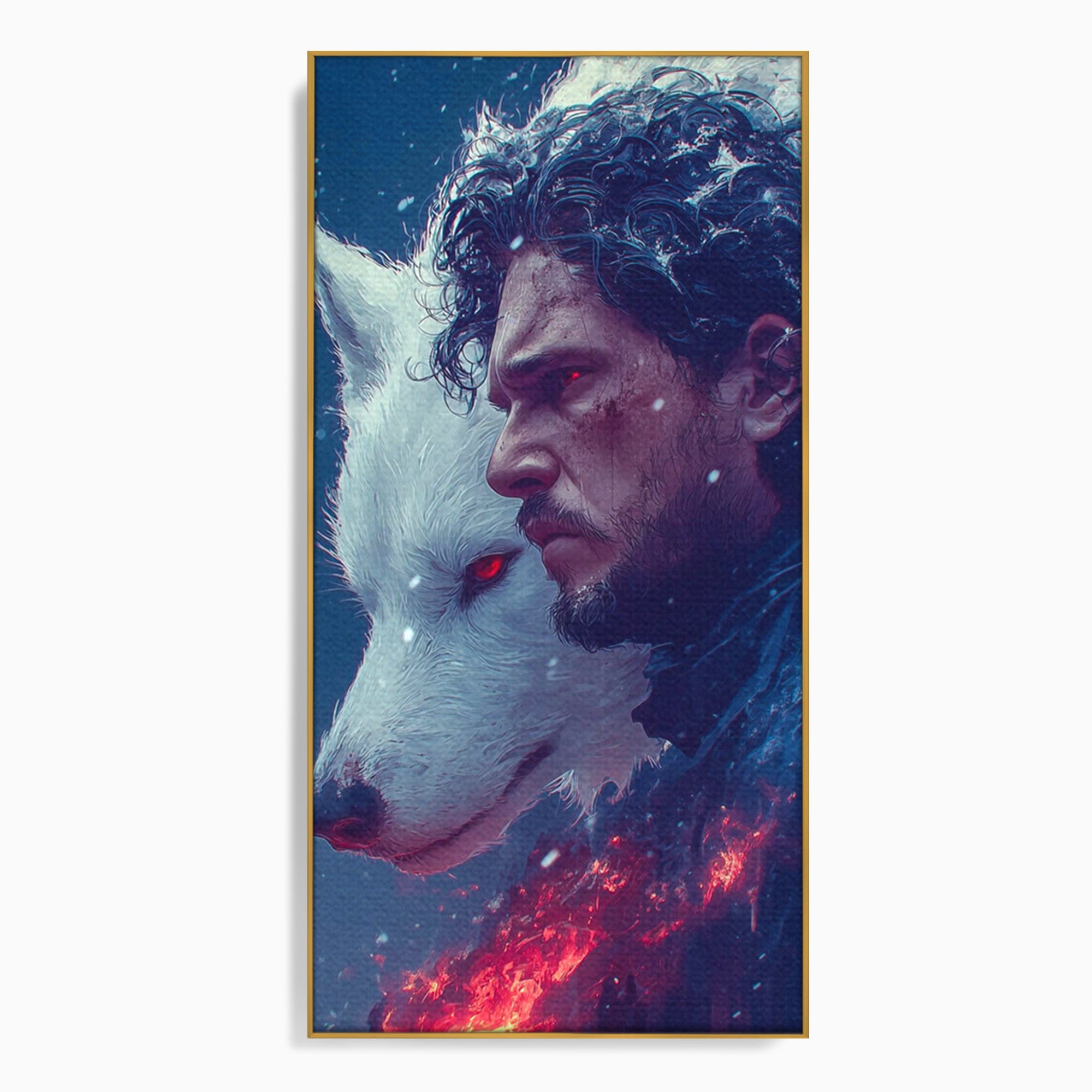 Tablou Canvas Premium LuxCanva® PI1257, Lupul si John Snow, Sabaticie, Foc, Fantezie, Mister, Dormitor, Living, Culori Vibrante