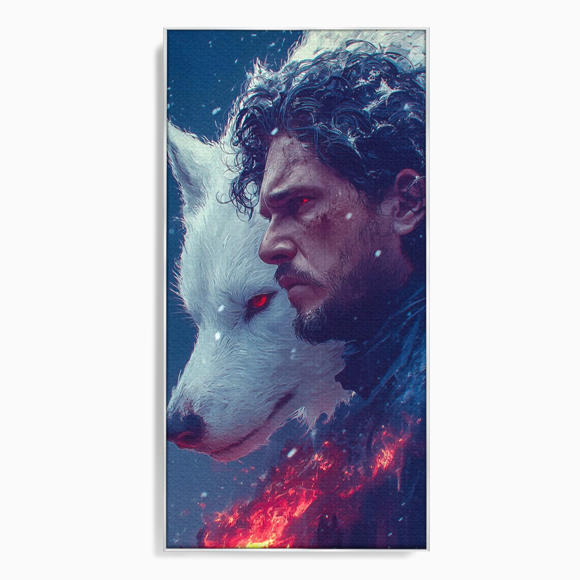 Tablou Canvas Premium LuxCanva® PI1257, Lupul si John Snow, Sabaticie, Foc, Fantezie, Mister, Dormitor, Living, Culori Vibrante