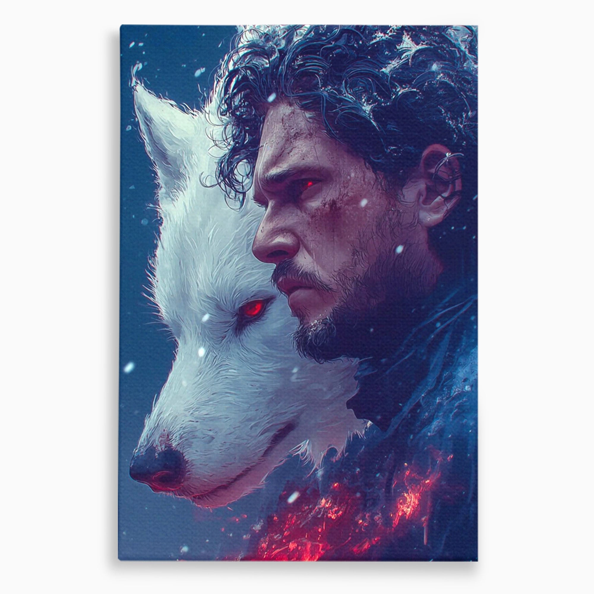 Tablou Canvas Premium LuxCanva® PI1257, Lupul si John Snow, Sabaticie, Foc, Fantezie, Mister, Dormitor, Living, Culori Vibrante