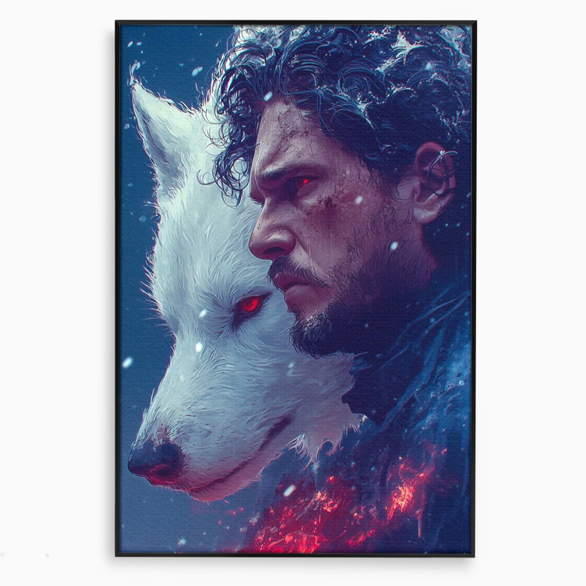 Tablou Canvas Premium LuxCanva® PI1257, Lupul si John Snow, Sabaticie, Foc, Fantezie, Mister, Dormitor, Living, Culori Vibrante