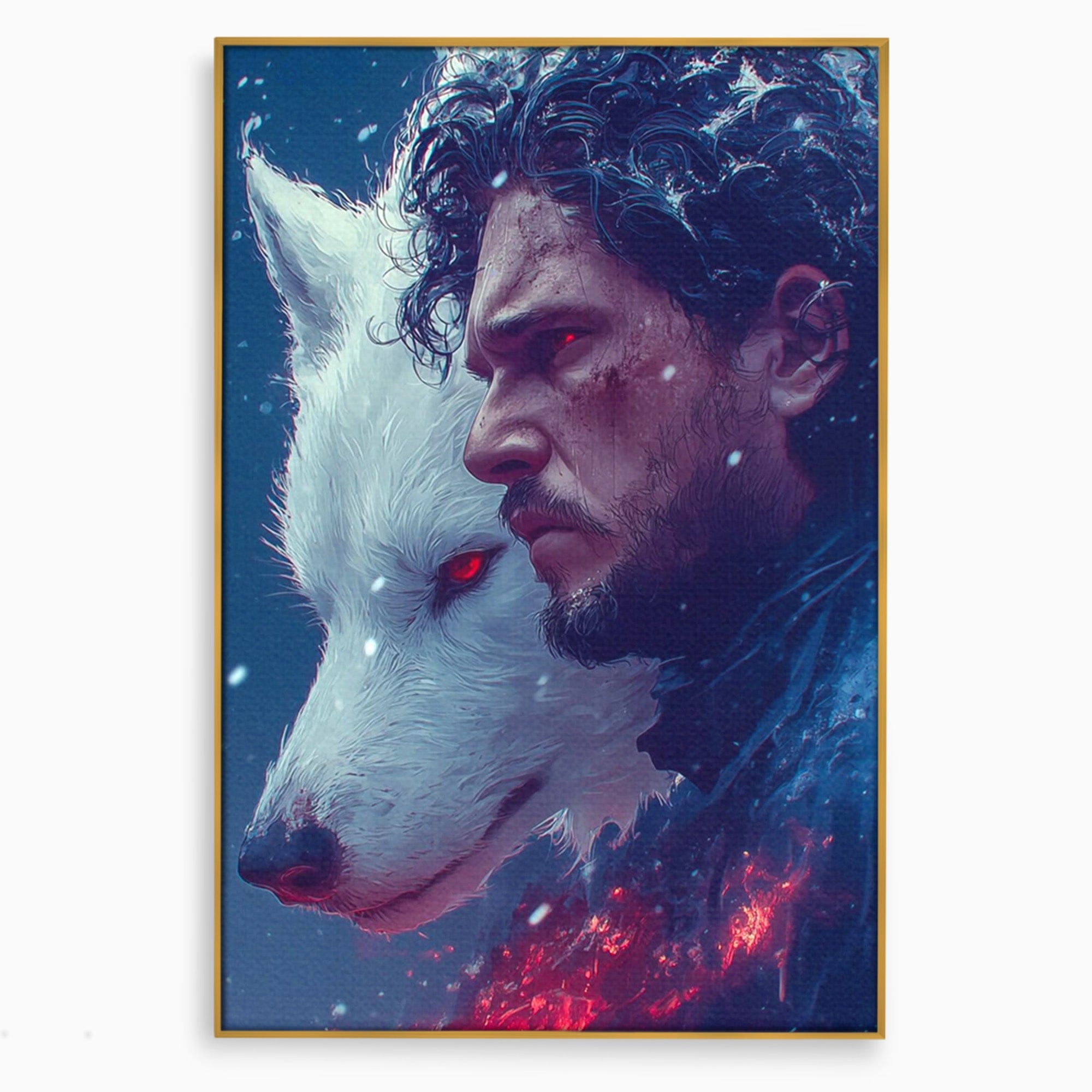 Tablou Canvas Premium LuxCanva® PI1257, Lupul si John Snow, Sabaticie, Foc, Fantezie, Mister, Dormitor, Living, Culori Vibrante