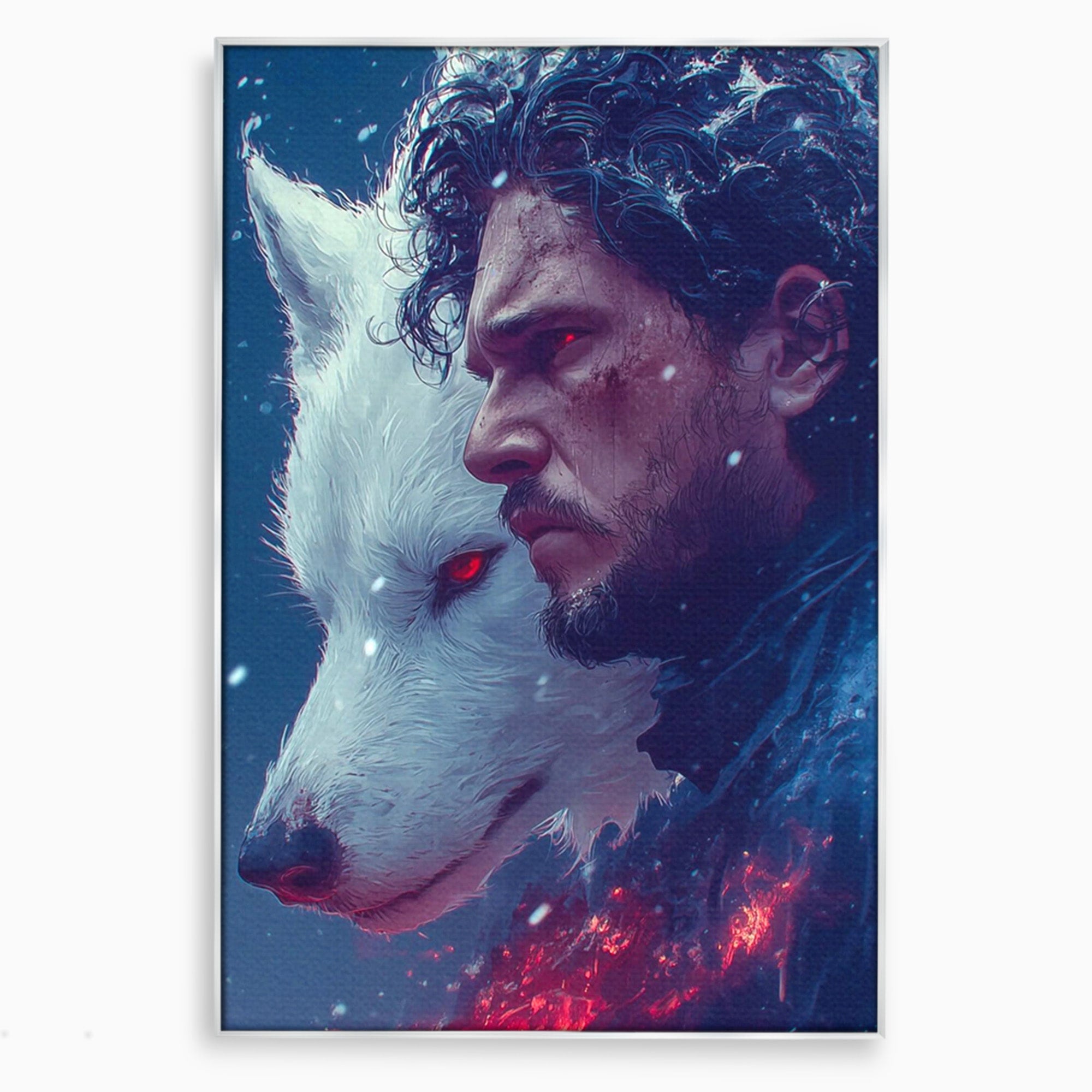 Tablou Canvas Premium LuxCanva® PI1257, Lupul si John Snow, Sabaticie, Foc, Fantezie, Mister, Dormitor, Living, Culori Vibrante