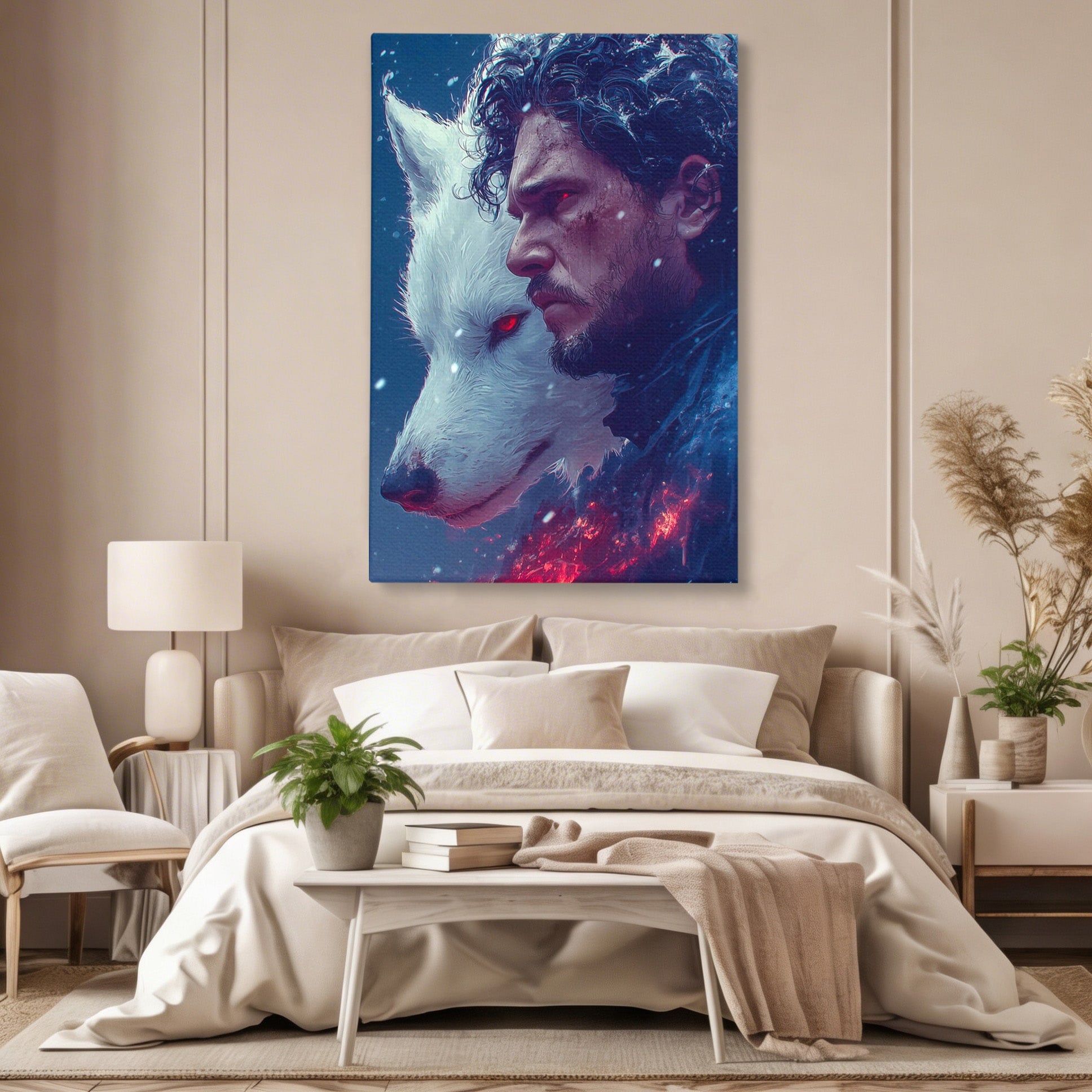Tablou Canvas Premium LuxCanva® PI1257, Lupul si John Snow, Sabaticie, Foc, Fantezie, Mister, Dormitor, Living, Culori Vibrante