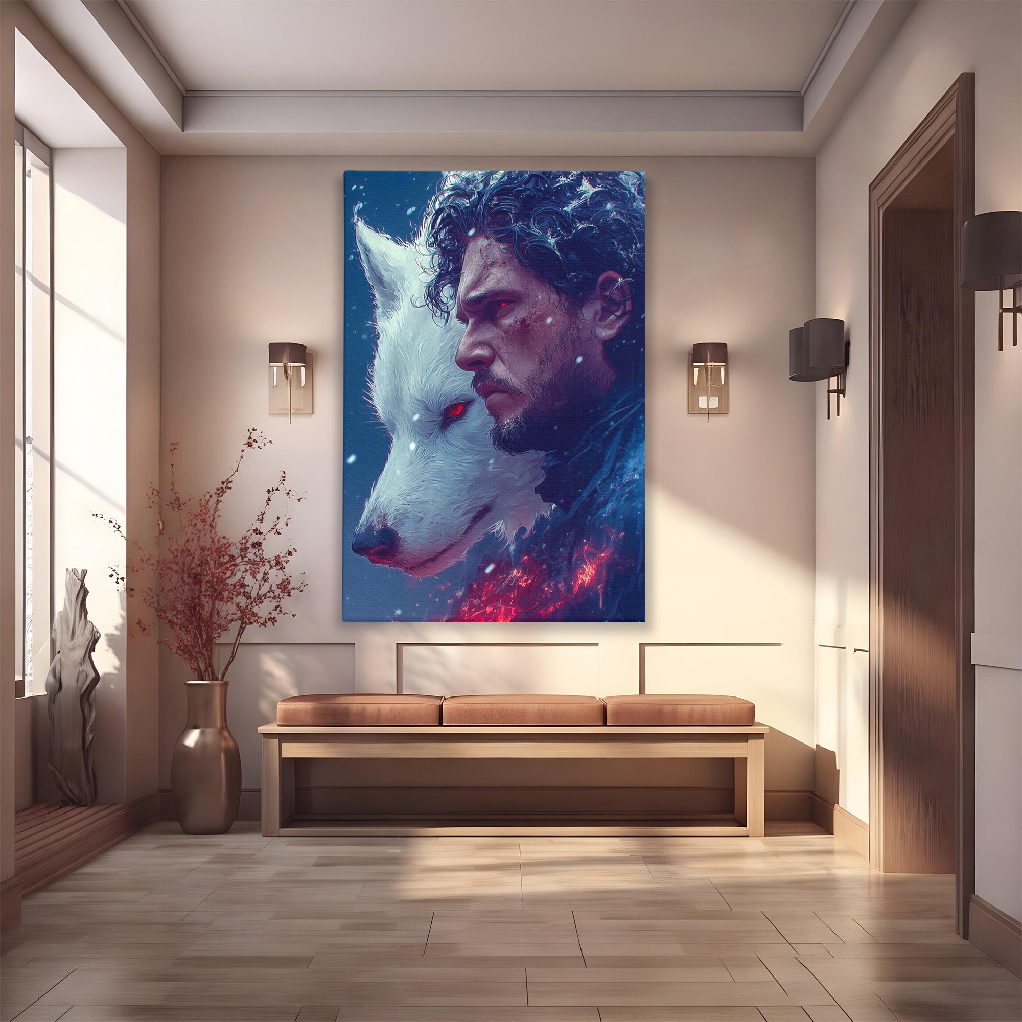 Tablou Canvas Premium LuxCanva® PI1257, Lupul si John Snow, Sabaticie, Foc, Fantezie, Mister, Dormitor, Living, Culori Vibrante