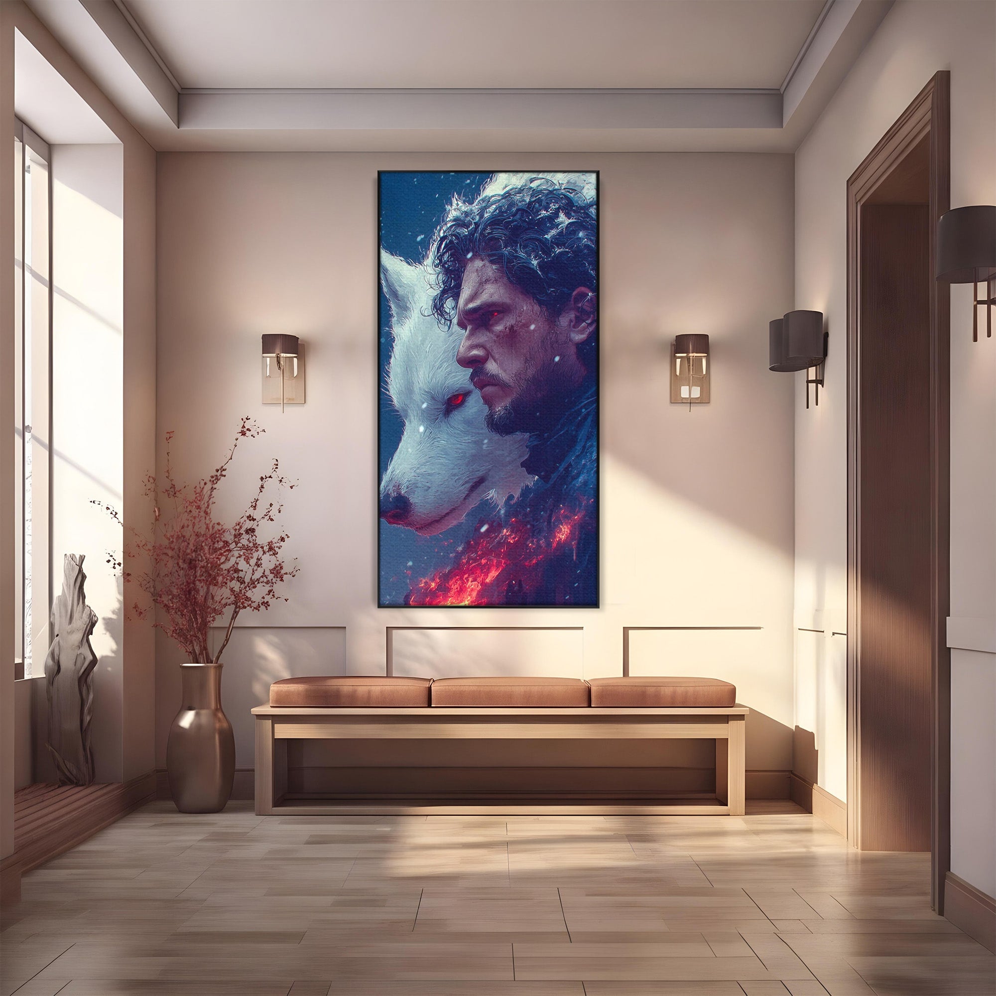 Tablou Canvas Premium LuxCanva® PI1257, Lupul si John Snow, Sabaticie, Foc, Fantezie, Mister, Dormitor, Living, Culori Vibrante