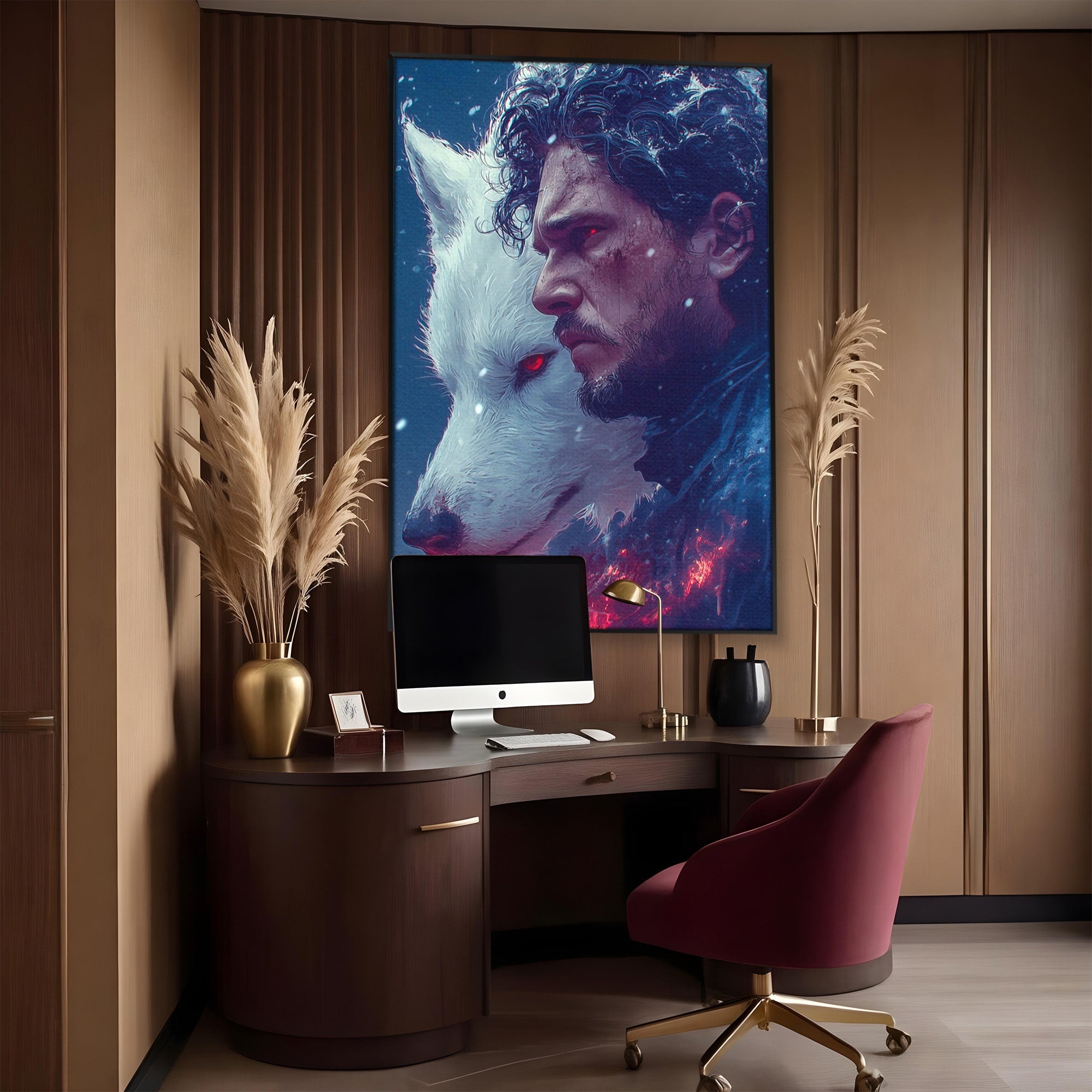 Tablou Canvas Premium LuxCanva® PI1257, Lupul si John Snow, Sabaticie, Foc, Fantezie, Mister, Dormitor, Living, Culori Vibrante