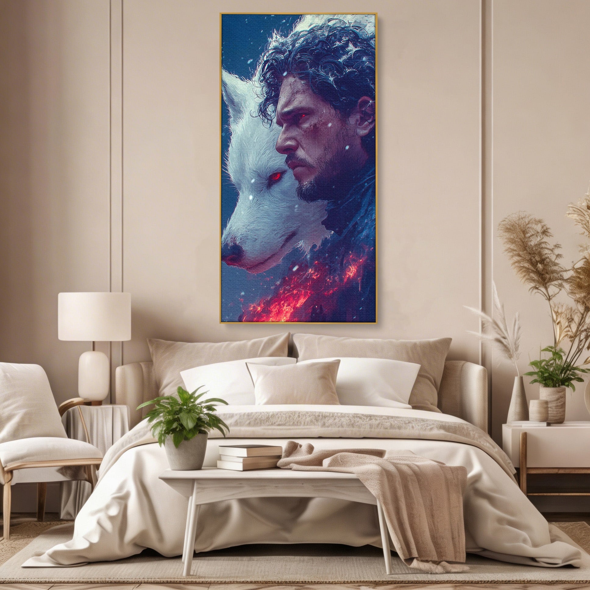 Tablou Canvas Premium LuxCanva® PI1257, Lupul si John Snow, Sabaticie, Foc, Fantezie, Mister, Dormitor, Living, Culori Vibrante