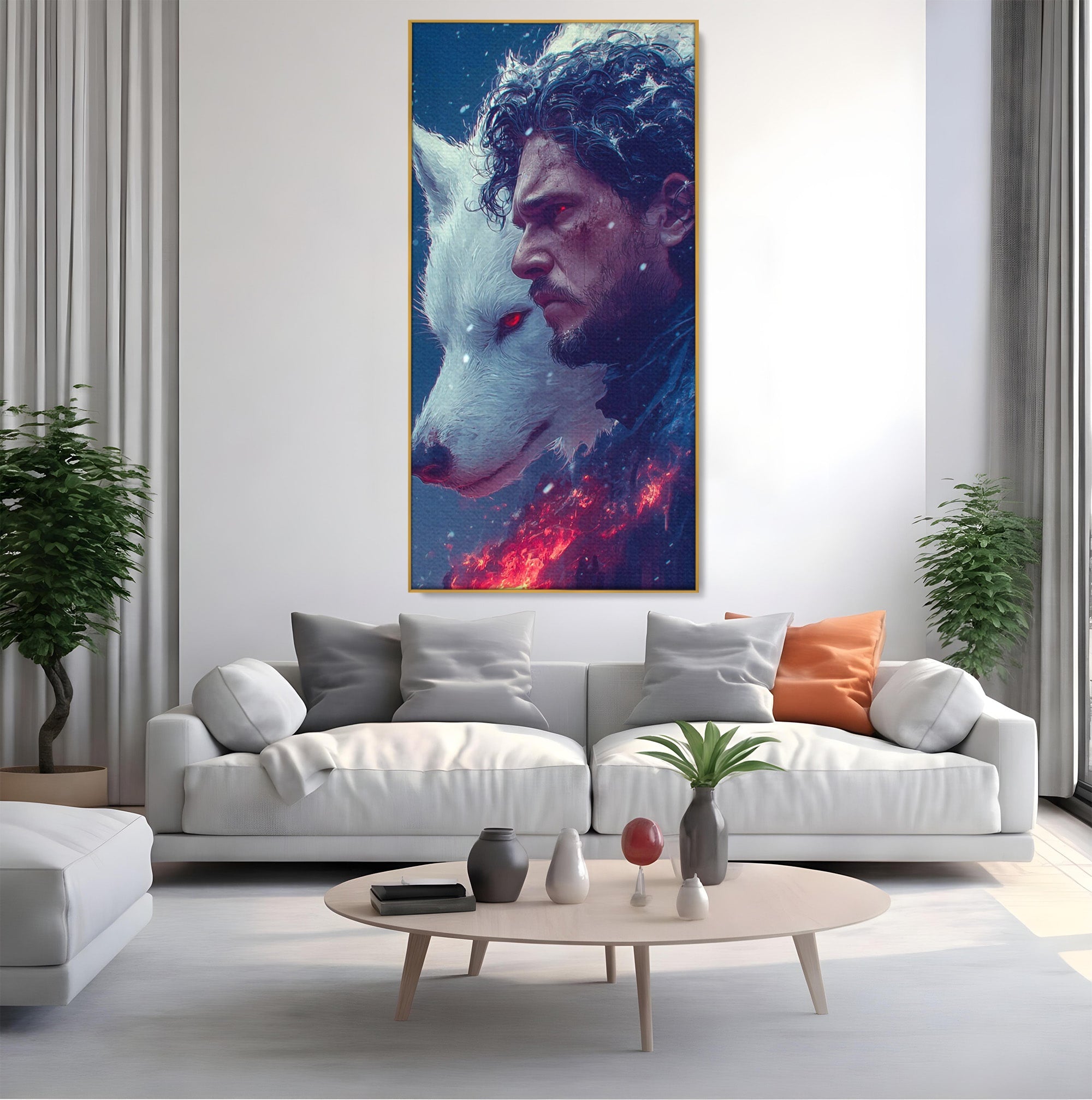 Tablou Canvas Premium LuxCanva® PI1257, Lupul si John Snow, Sabaticie, Foc, Fantezie, Mister, Dormitor, Living, Culori Vibrante