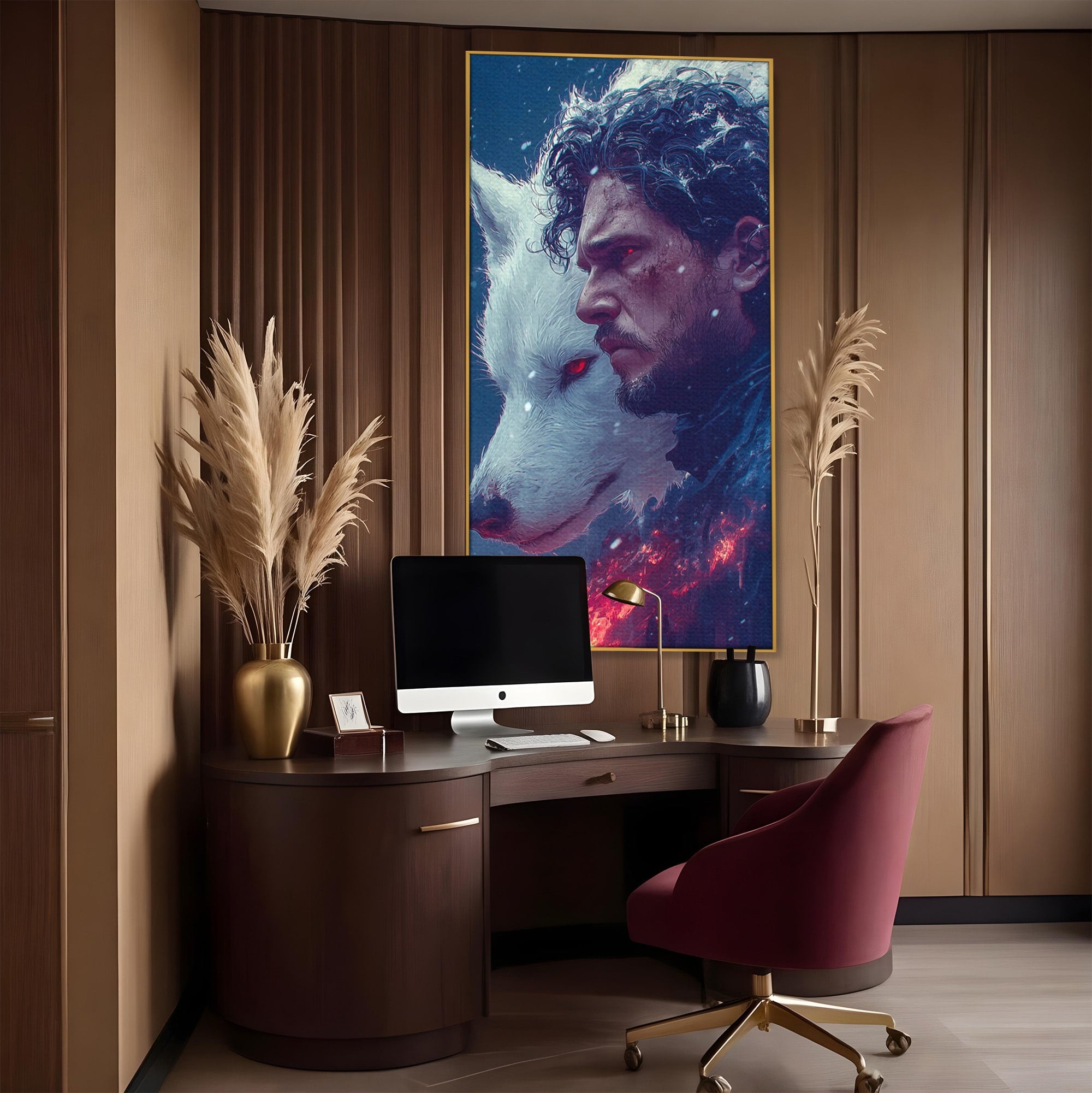 Tablou Canvas Premium LuxCanva® PI1257, Lupul si John Snow, Sabaticie, Foc, Fantezie, Mister, Dormitor, Living, Culori Vibrante
