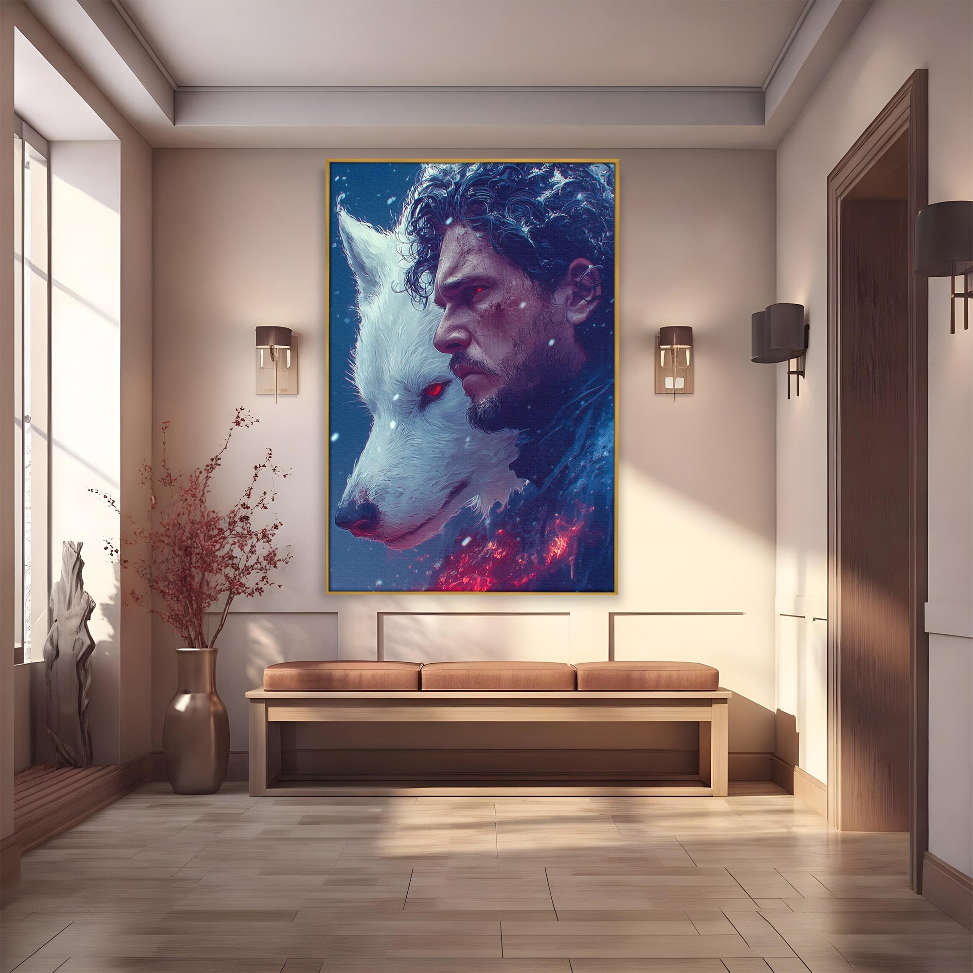Tablou Canvas Premium LuxCanva® PI1257, Lupul si John Snow, Sabaticie, Foc, Fantezie, Mister, Dormitor, Living, Culori Vibrante