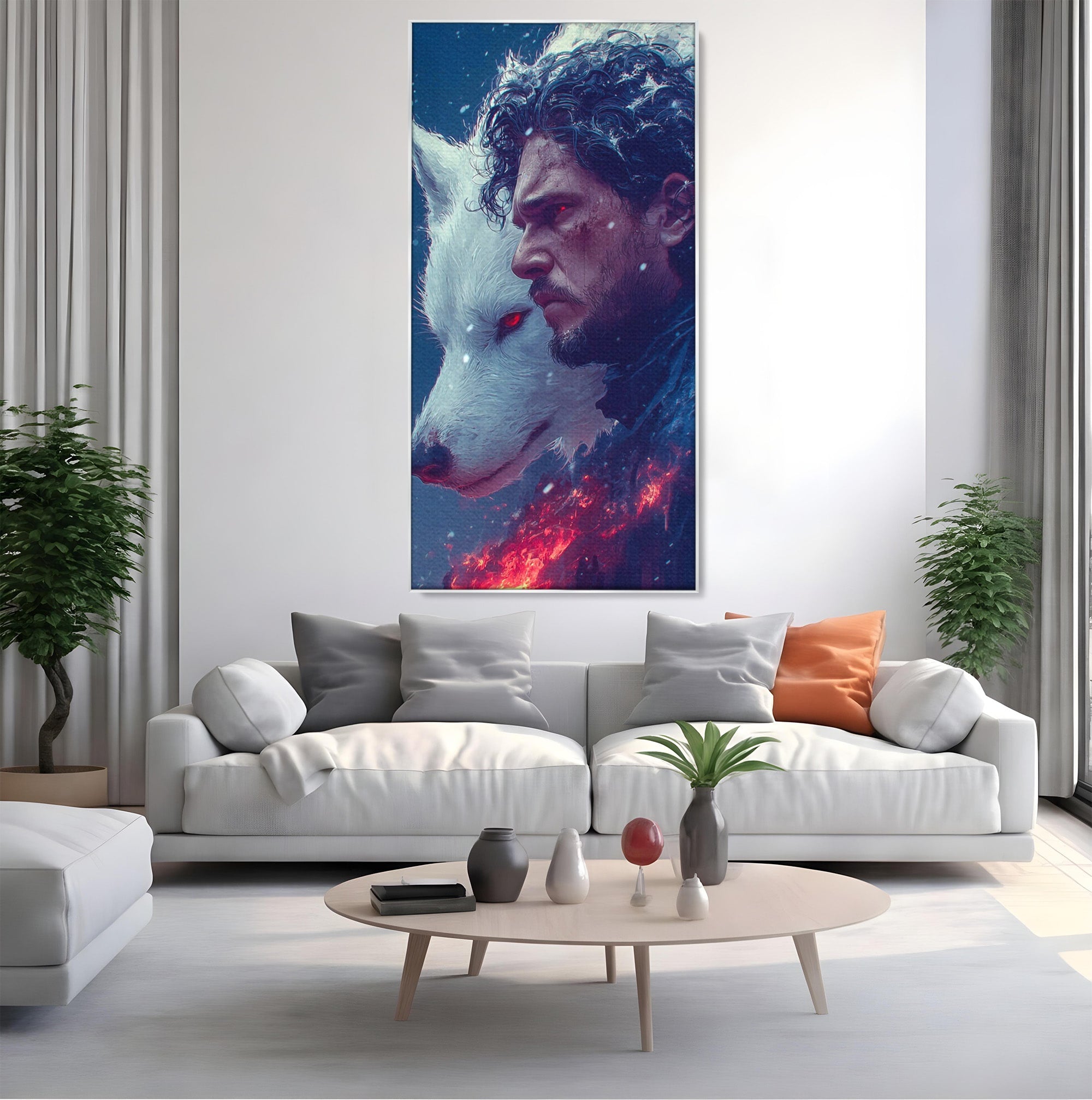 Tablou Canvas Premium LuxCanva® PI1257, Lupul si John Snow, Sabaticie, Foc, Fantezie, Mister, Dormitor, Living, Culori Vibrante