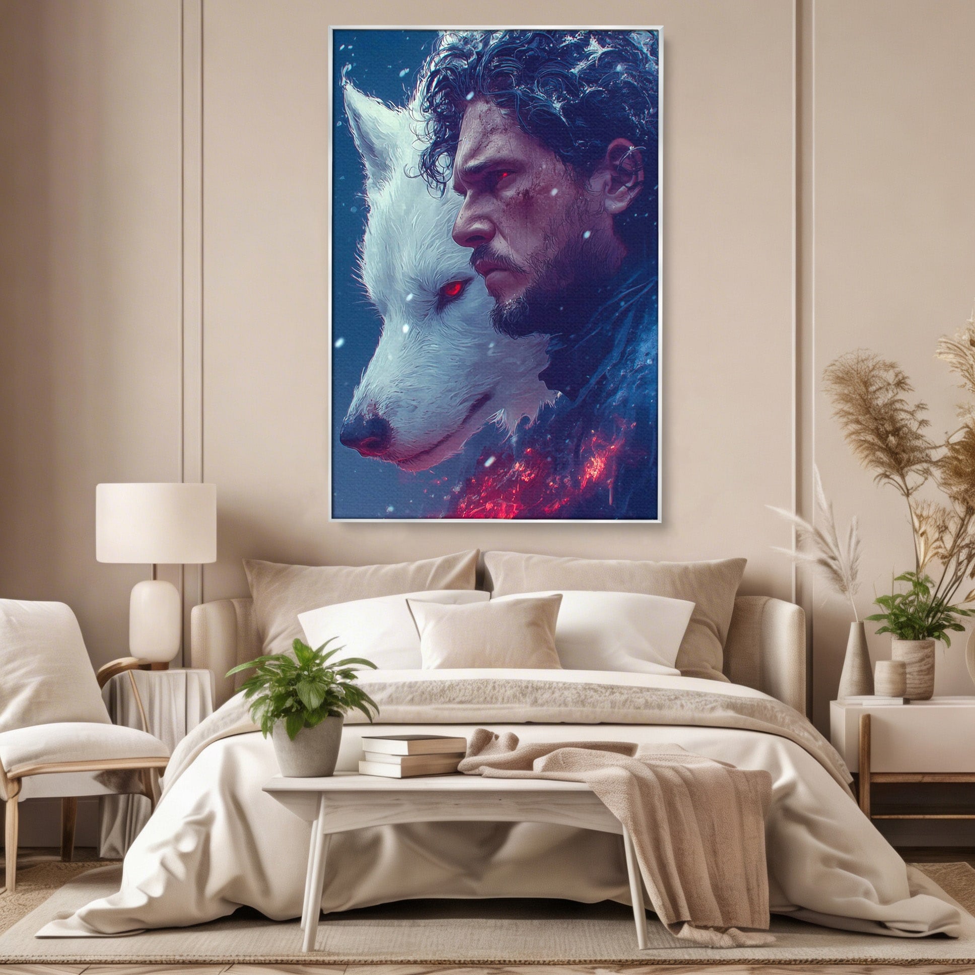 Tablou Canvas Premium LuxCanva® PI1257, Lupul si John Snow, Sabaticie, Foc, Fantezie, Mister, Dormitor, Living, Culori Vibrante