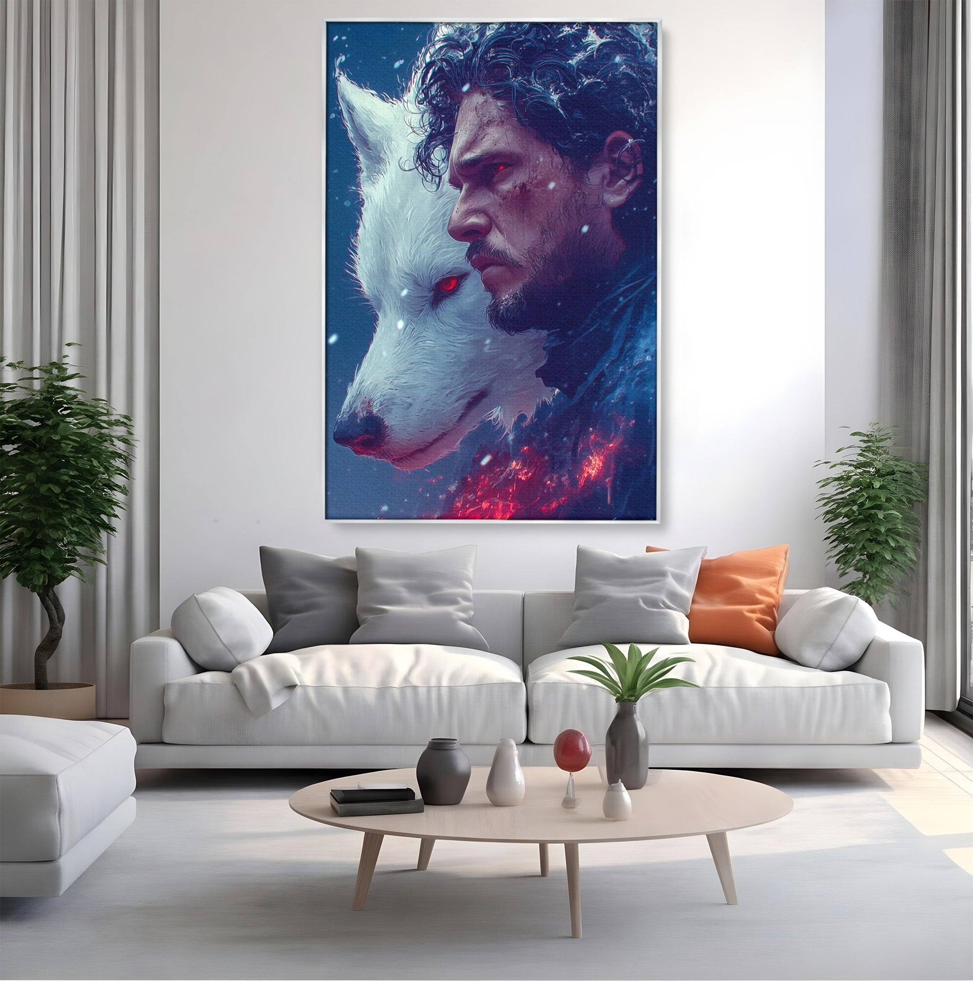 Tablou Canvas Premium LuxCanva® PI1257, Lupul si John Snow, Sabaticie, Foc, Fantezie, Mister, Dormitor, Living, Culori Vibrante