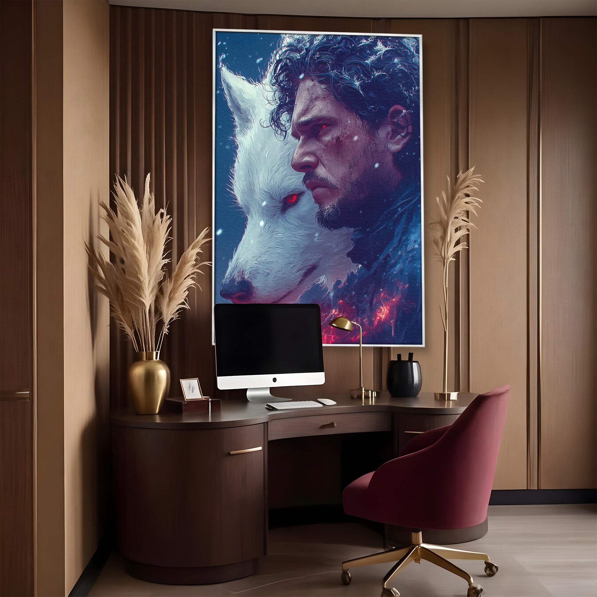Tablou Canvas Premium LuxCanva® PI1257, Lupul si John Snow, Sabaticie, Foc, Fantezie, Mister, Dormitor, Living, Culori Vibrante