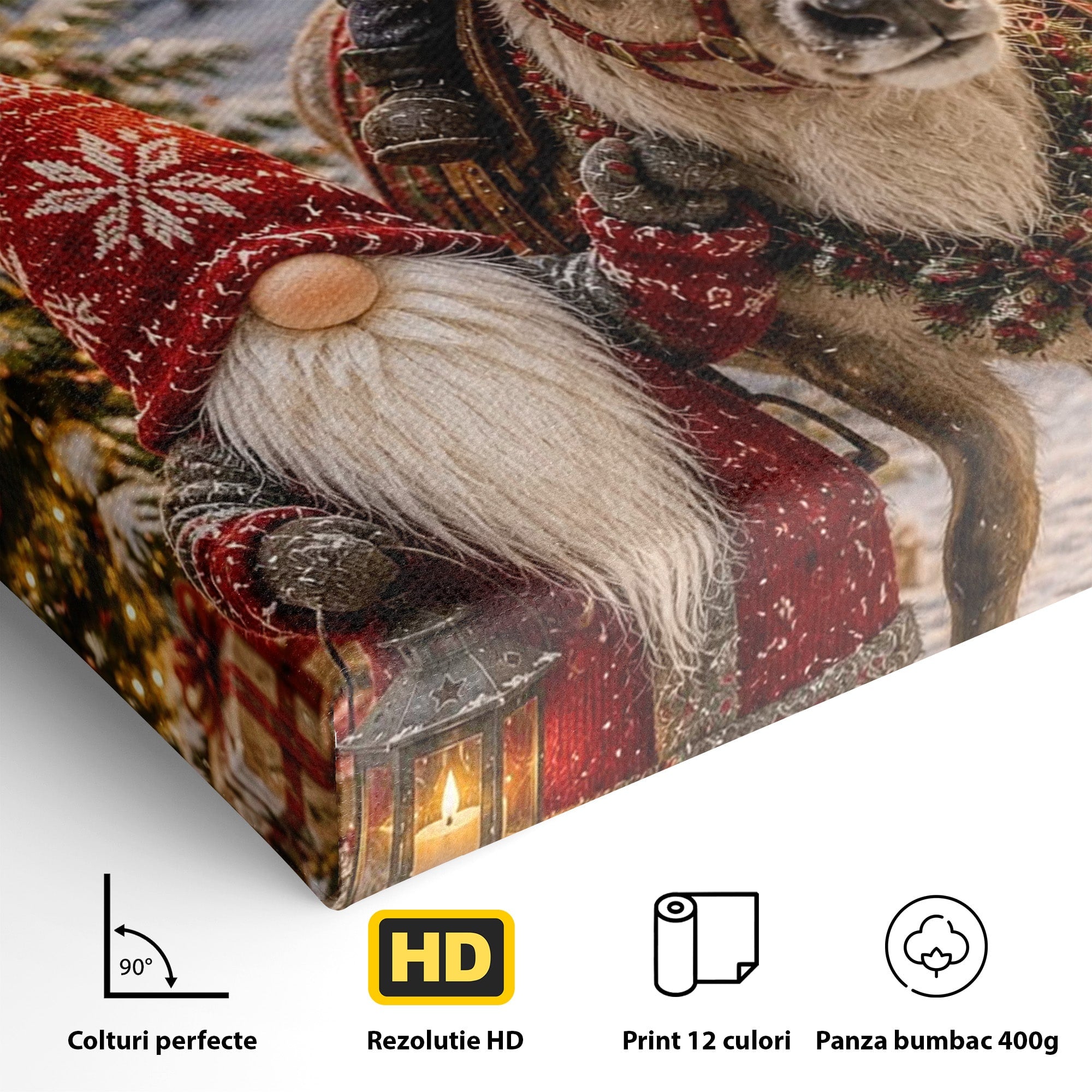 Tablou Canvas Premium LuxCanva® PI1261, Craciun Magic Cu Gnomi, Sarbatoare, Bucurie, Iarna, Ren, Living, Culori Vibrante