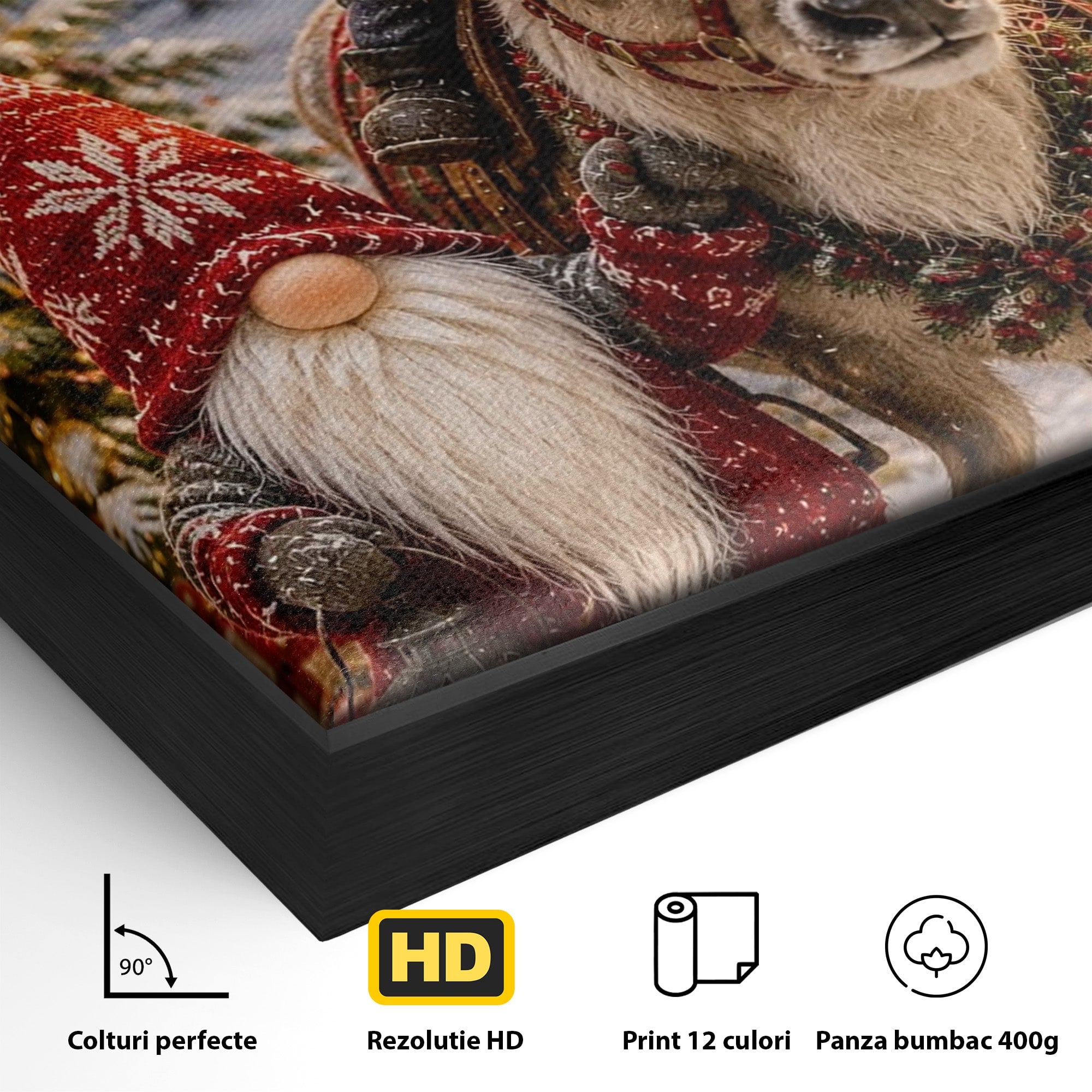 Tablou Canvas Premium LuxCanva® PI1261, Craciun Magic Cu Gnomi, Sarbatoare, Bucurie, Iarna, Ren, Living, Culori Vibrante