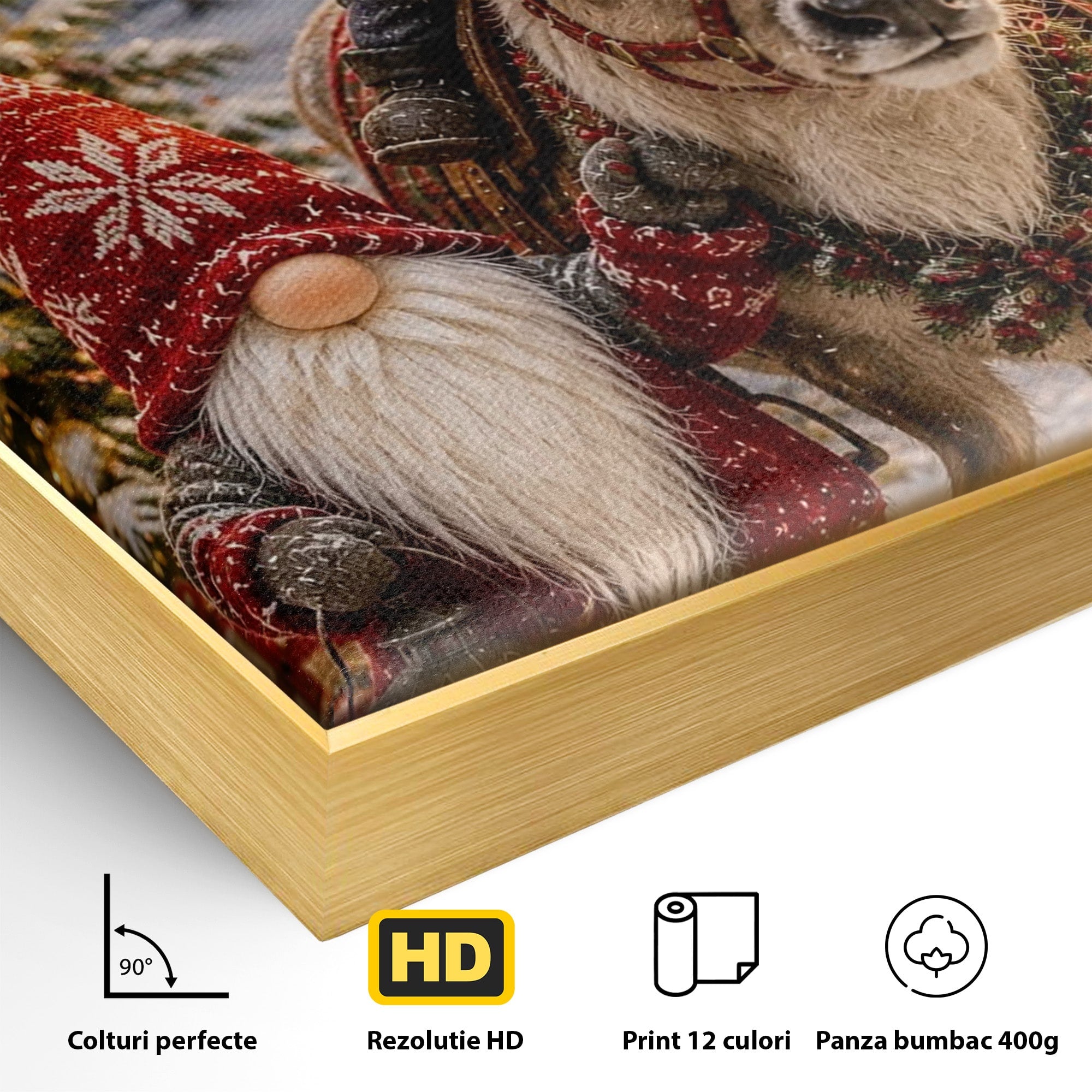 Tablou Canvas Premium LuxCanva® PI1261, Craciun Magic Cu Gnomi, Sarbatoare, Bucurie, Iarna, Ren, Living, Culori Vibrante