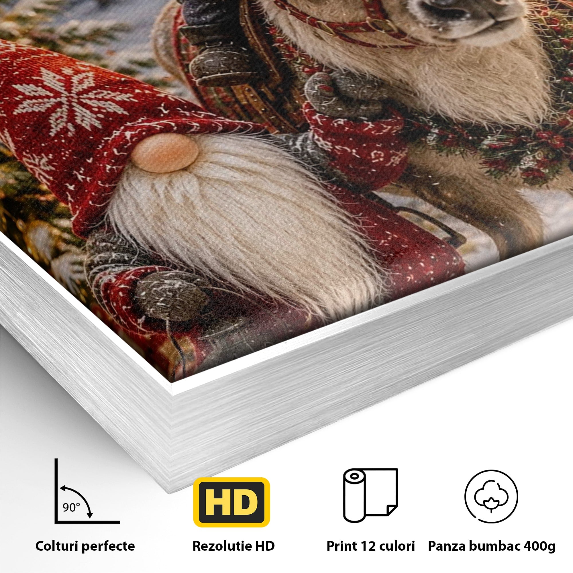 Tablou Canvas Premium LuxCanva® PI1261, Craciun Magic Cu Gnomi, Sarbatoare, Bucurie, Iarna, Ren, Living, Culori Vibrante