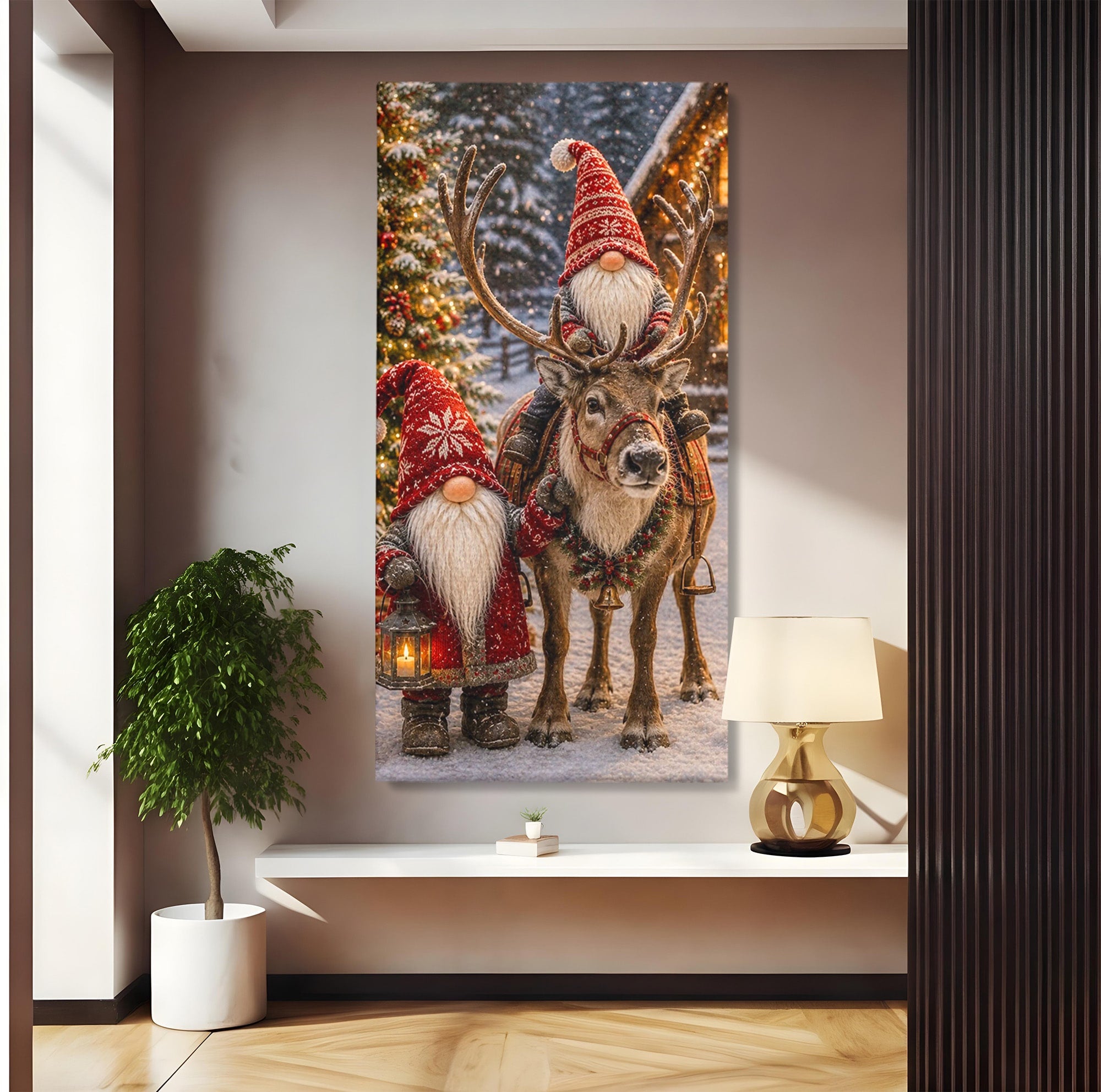 Tablou Canvas Premium LuxCanva® PI1261, Craciun Magic Cu Gnomi, Sarbatoare, Bucurie, Iarna, Ren, Living, Culori Vibrante