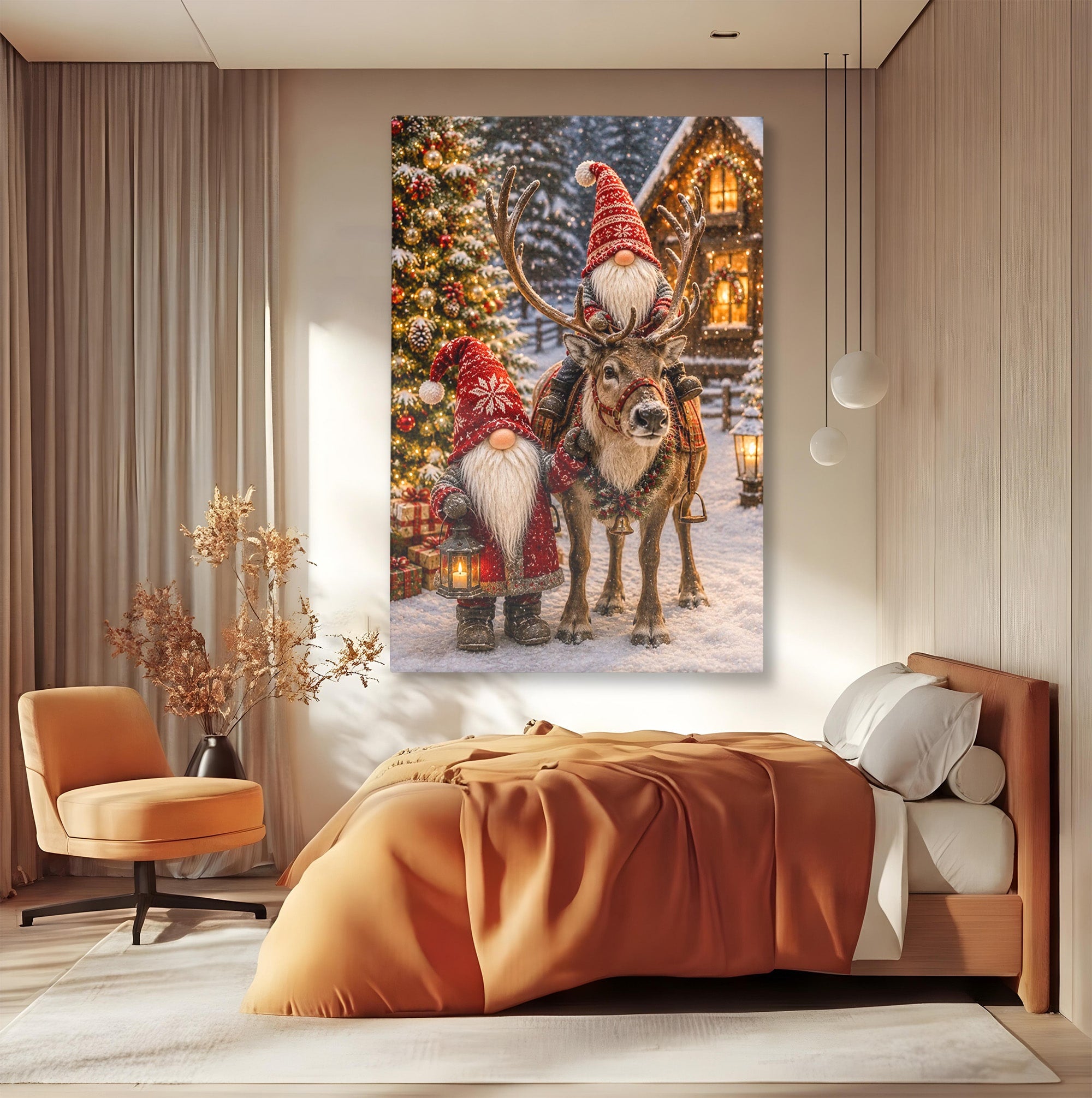 Tablou Canvas Premium LuxCanva® PI1261, Craciun Magic Cu Gnomi, Sarbatoare, Bucurie, Iarna, Ren, Living, Culori Vibrante