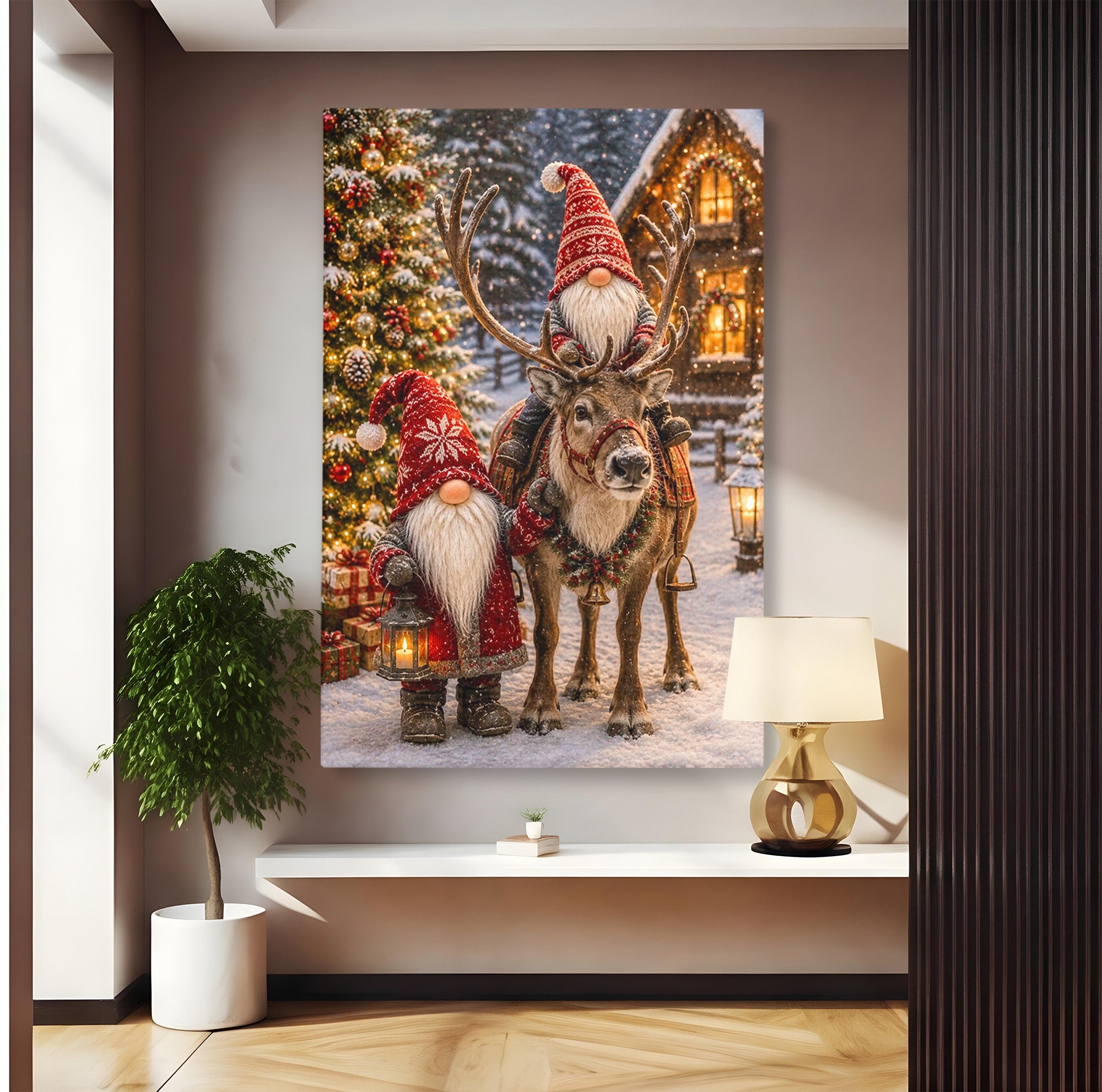 Tablou Canvas Premium LuxCanva® PI1261, Craciun Magic Cu Gnomi, Sarbatoare, Bucurie, Iarna, Ren, Living, Culori Vibrante