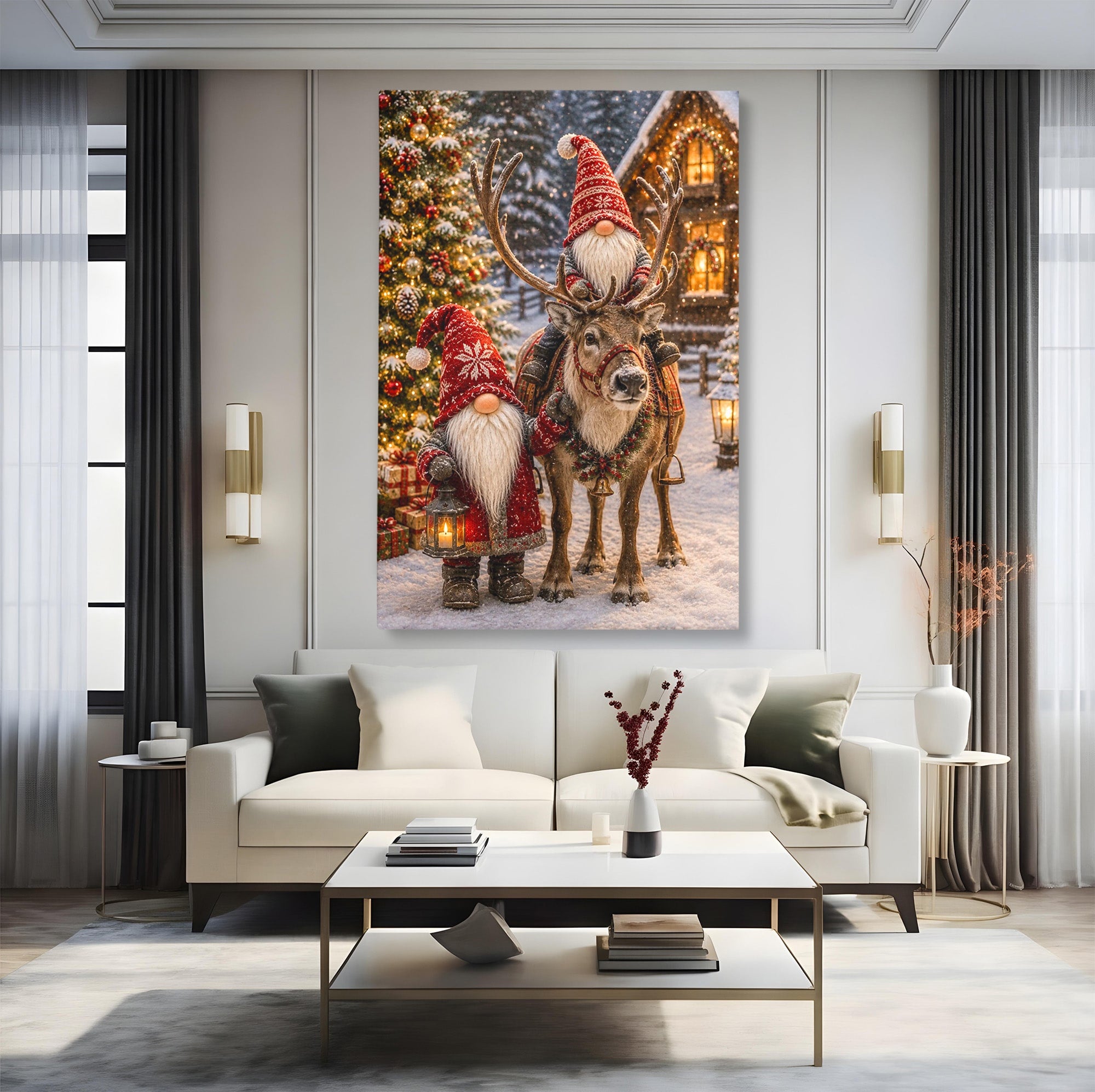Tablou Canvas Premium LuxCanva® PI1261, Craciun Magic Cu Gnomi, Sarbatoare, Bucurie, Iarna, Ren, Living, Culori Vibrante