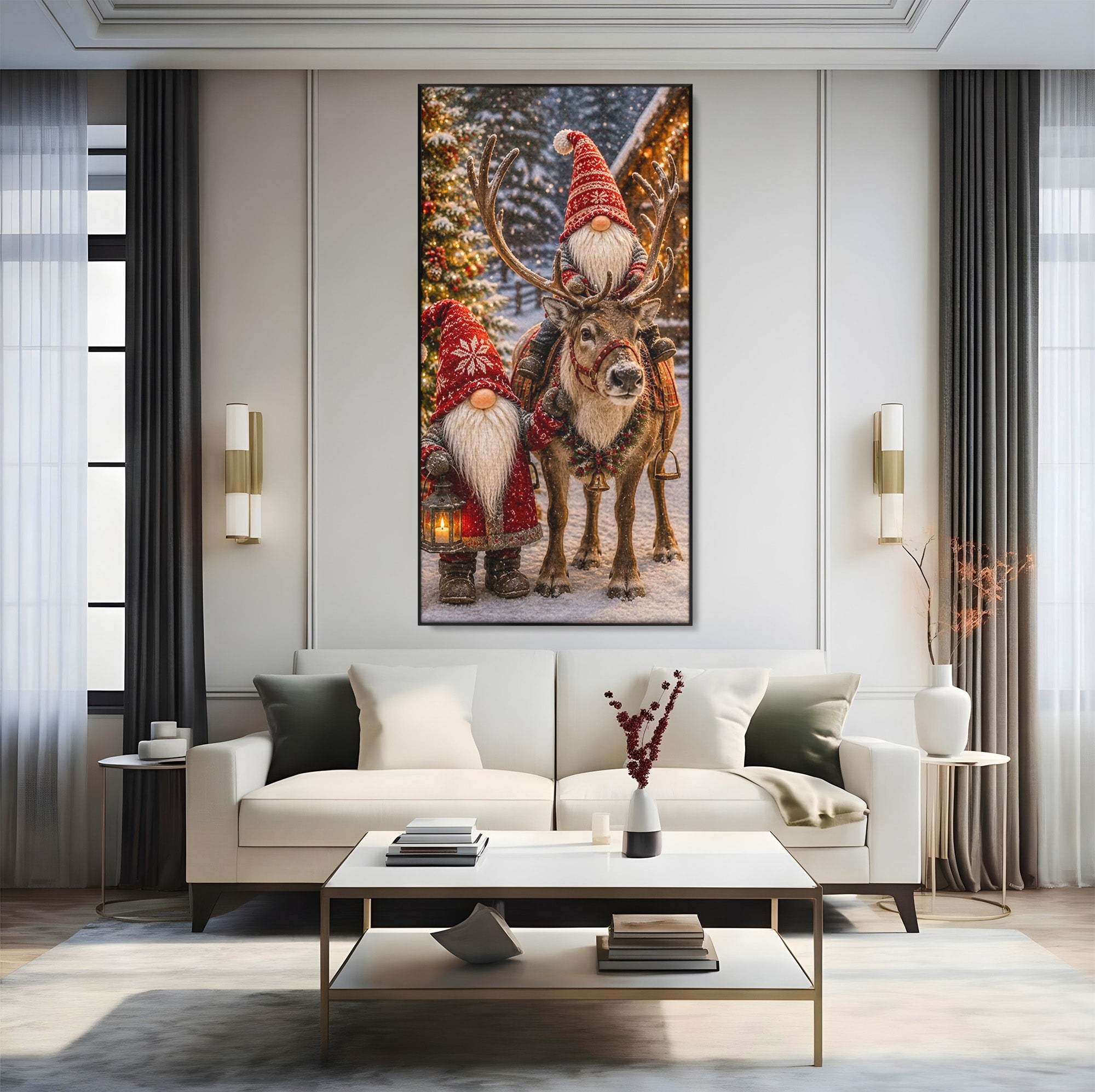 Tablou Canvas Premium LuxCanva® PI1261, Craciun Magic Cu Gnomi, Sarbatoare, Bucurie, Iarna, Ren, Living, Culori Vibrante