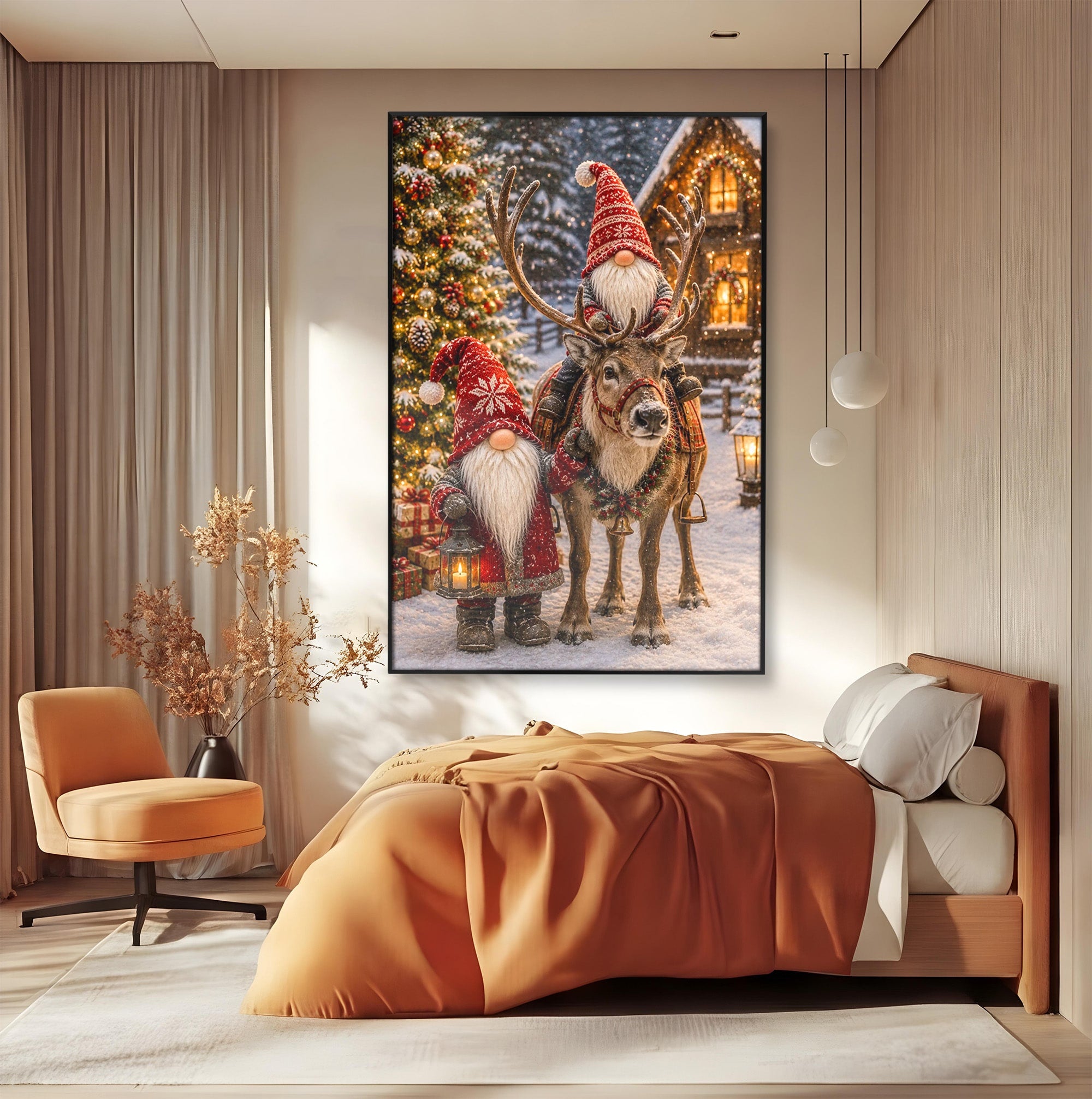Tablou Canvas Premium LuxCanva® PI1261, Craciun Magic Cu Gnomi, Sarbatoare, Bucurie, Iarna, Ren, Living, Culori Vibrante
