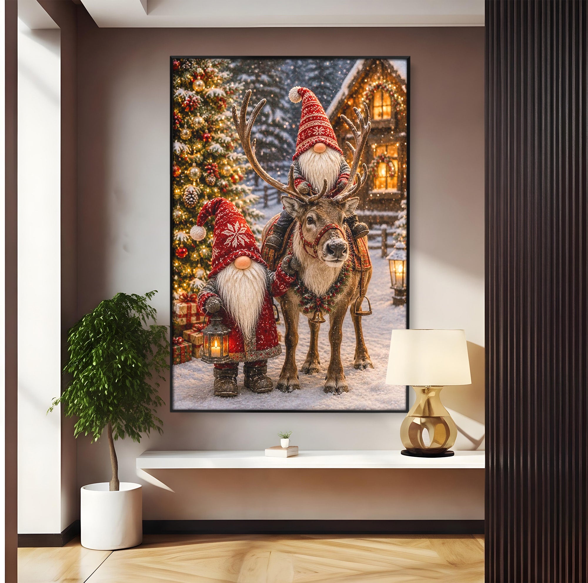 Tablou Canvas Premium LuxCanva® PI1261, Craciun Magic Cu Gnomi, Sarbatoare, Bucurie, Iarna, Ren, Living, Culori Vibrante