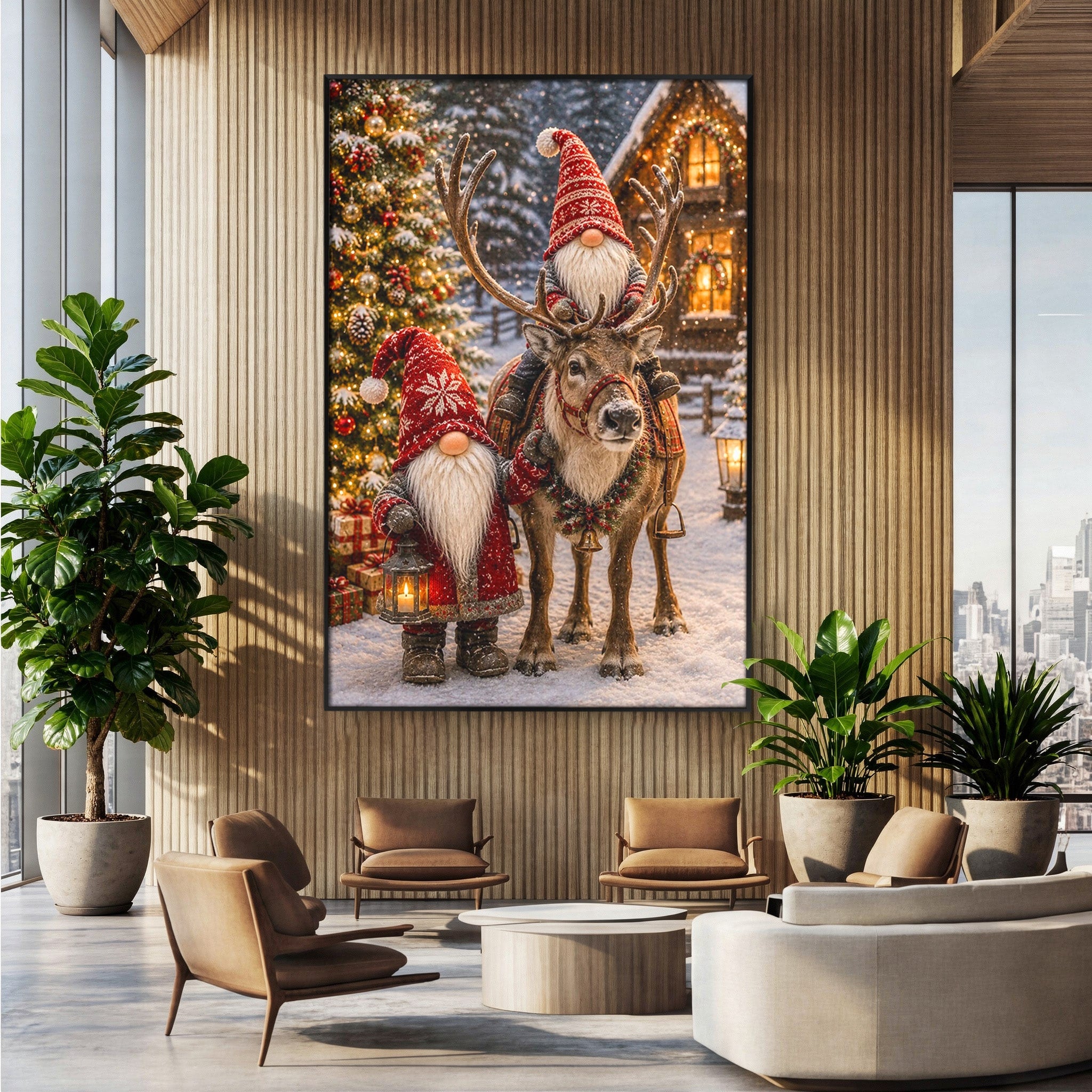 Tablou Canvas Premium LuxCanva® PI1261, Craciun Magic Cu Gnomi, Sarbatoare, Bucurie, Iarna, Ren, Living, Culori Vibrante
