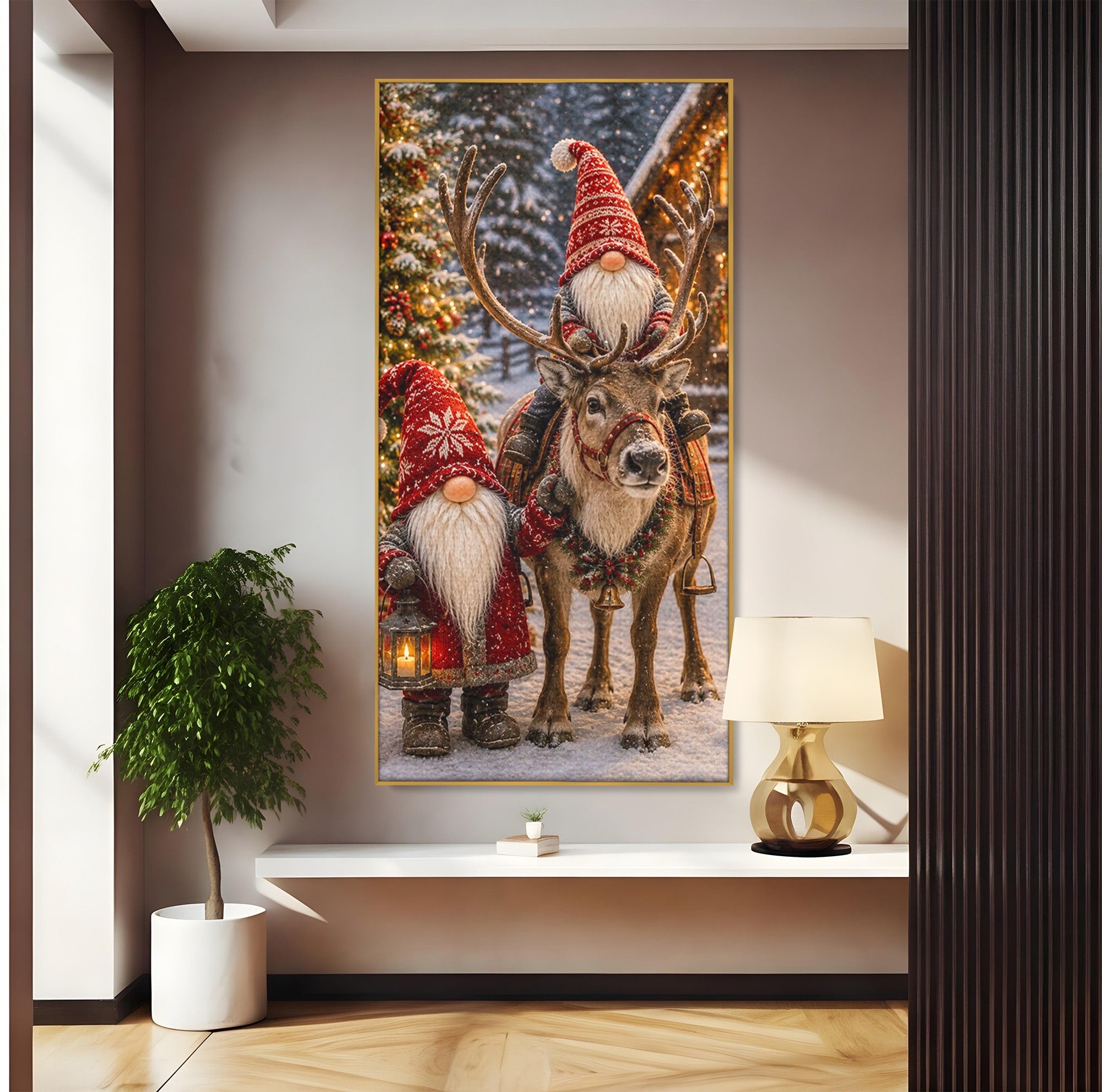 Tablou Canvas Premium LuxCanva® PI1261, Craciun Magic Cu Gnomi, Sarbatoare, Bucurie, Iarna, Ren, Living, Culori Vibrante