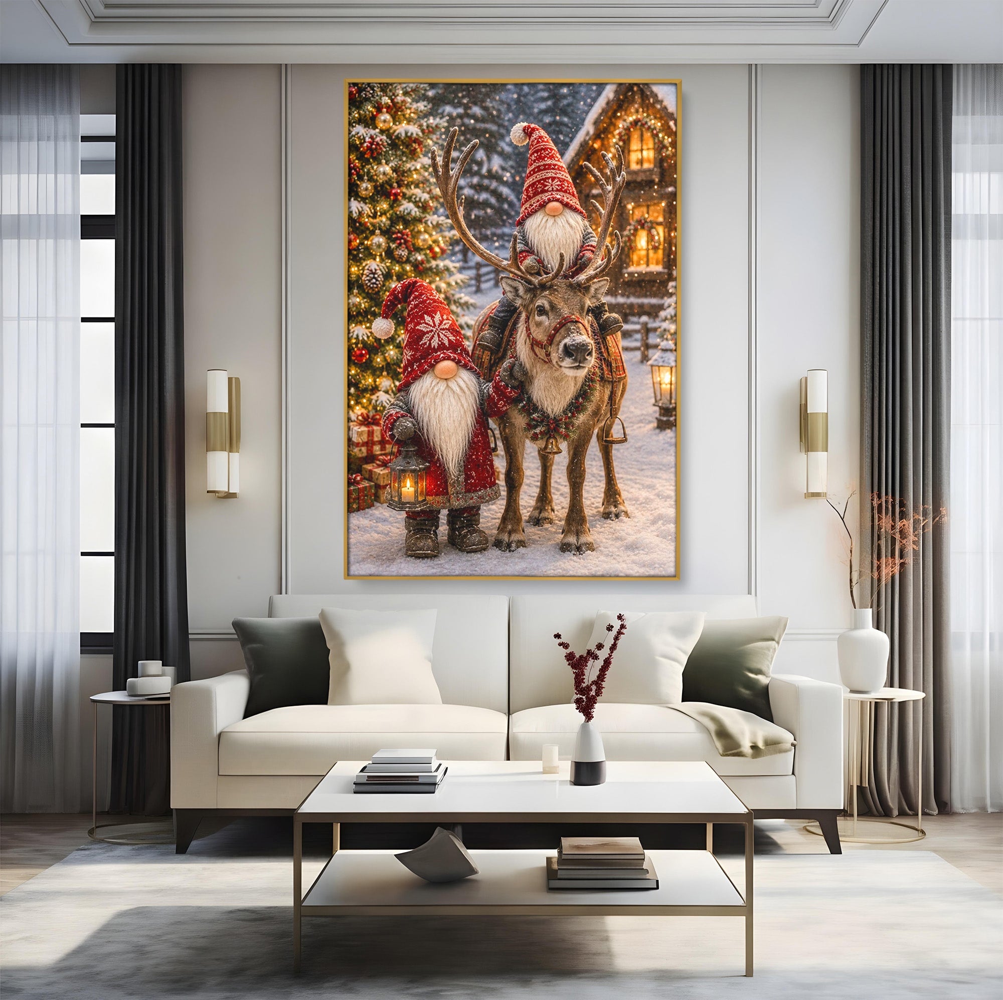 Tablou Canvas Premium LuxCanva® PI1261, Craciun Magic Cu Gnomi, Sarbatoare, Bucurie, Iarna, Ren, Living, Culori Vibrante