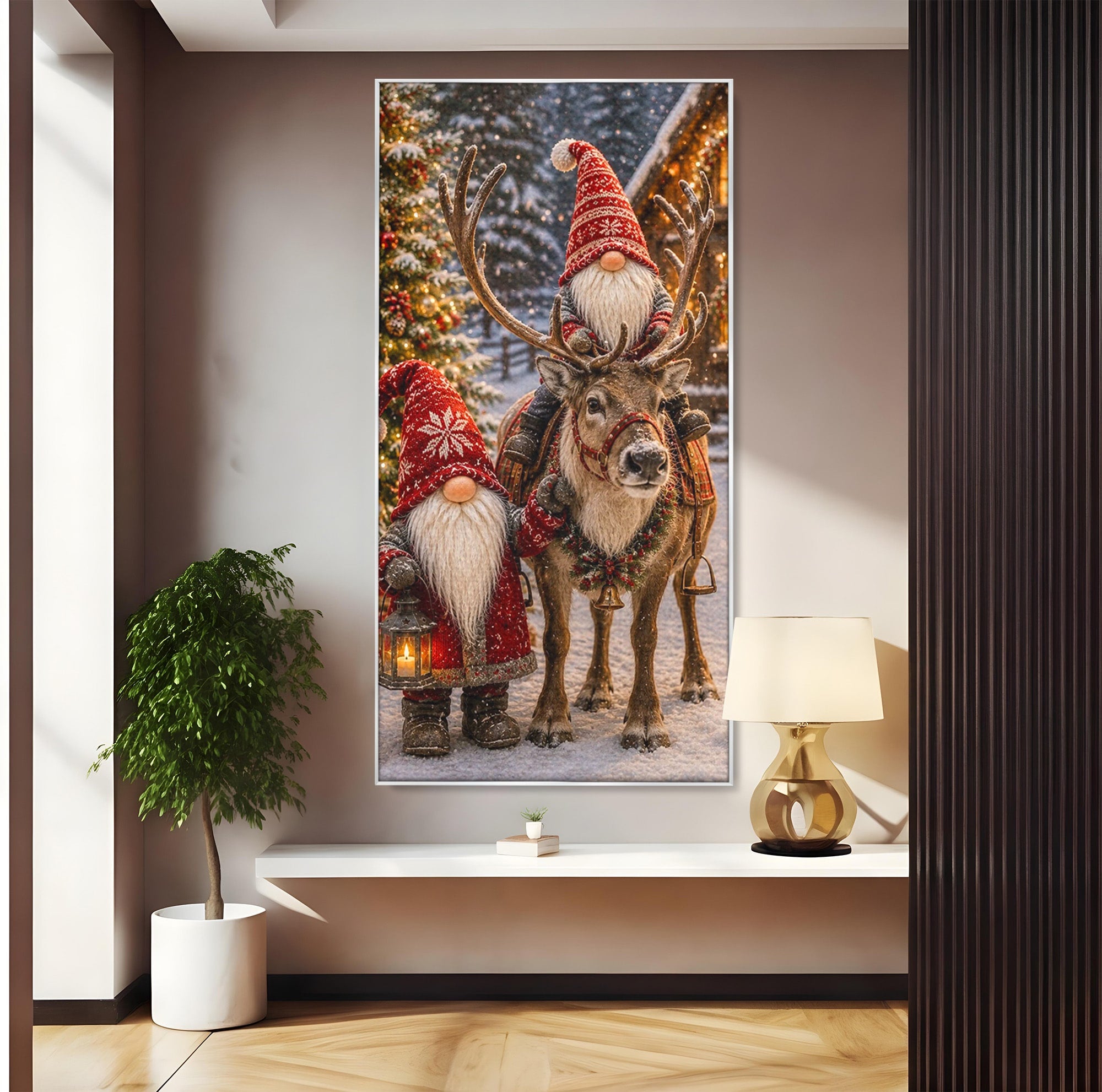 Tablou Canvas Premium LuxCanva® PI1261, Craciun Magic Cu Gnomi, Sarbatoare, Bucurie, Iarna, Ren, Living, Culori Vibrante