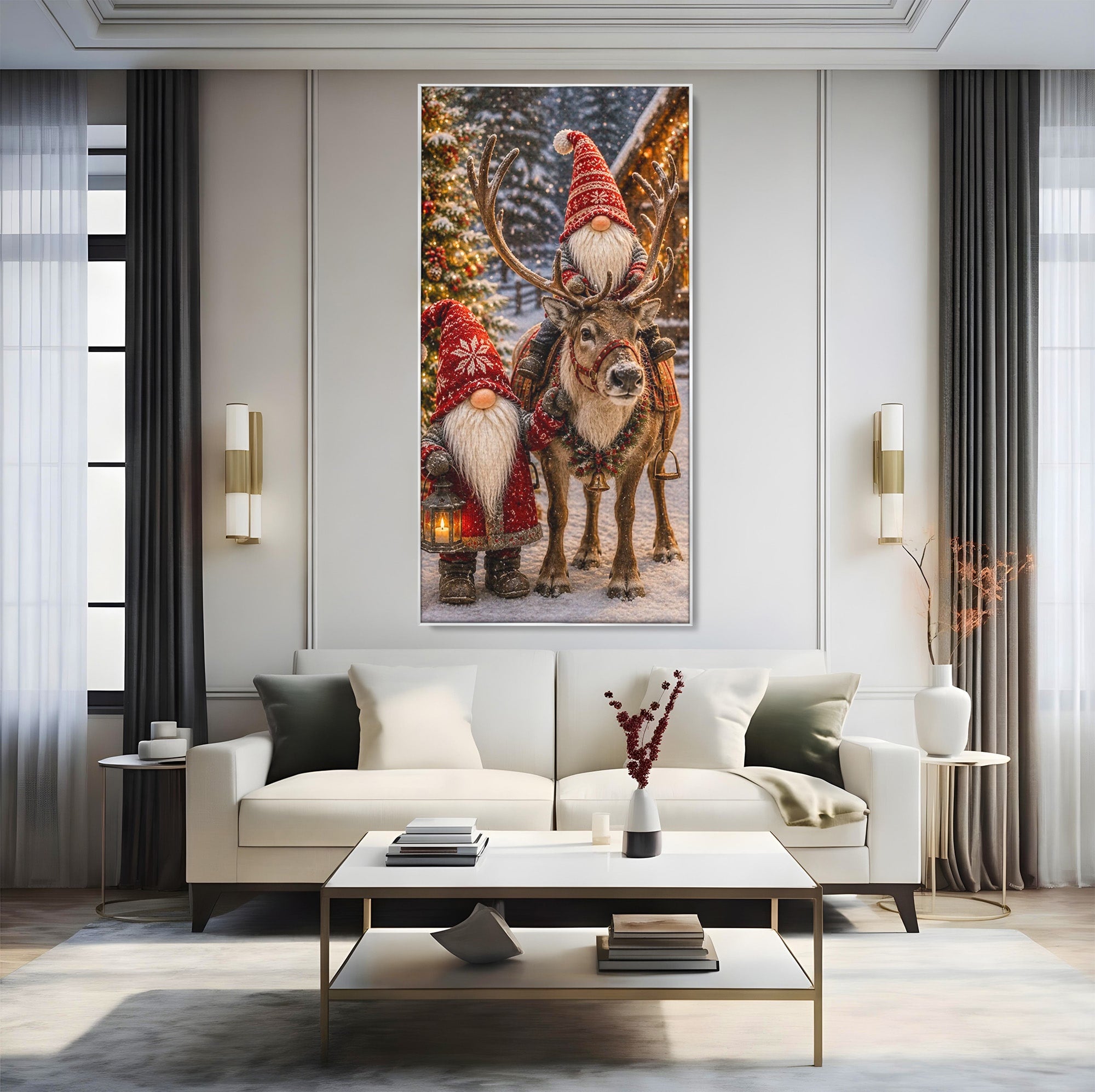 Tablou Canvas Premium LuxCanva® PI1261, Craciun Magic Cu Gnomi, Sarbatoare, Bucurie, Iarna, Ren, Living, Culori Vibrante