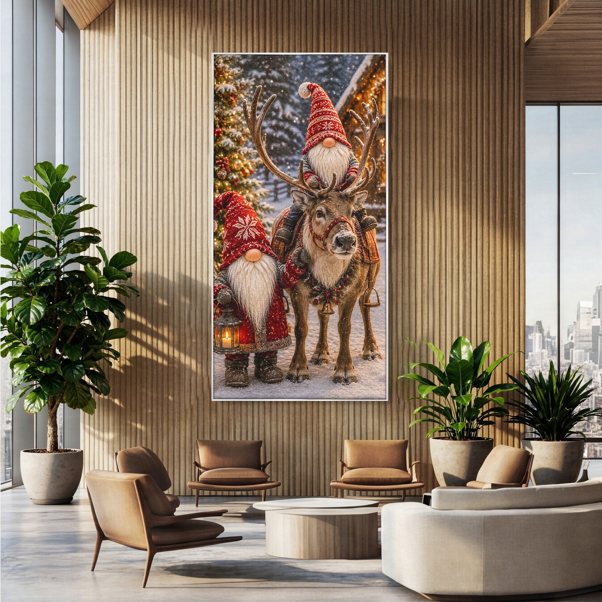 Tablou Canvas Premium LuxCanva® PI1261, Craciun Magic Cu Gnomi, Sarbatoare, Bucurie, Iarna, Ren, Living, Culori Vibrante