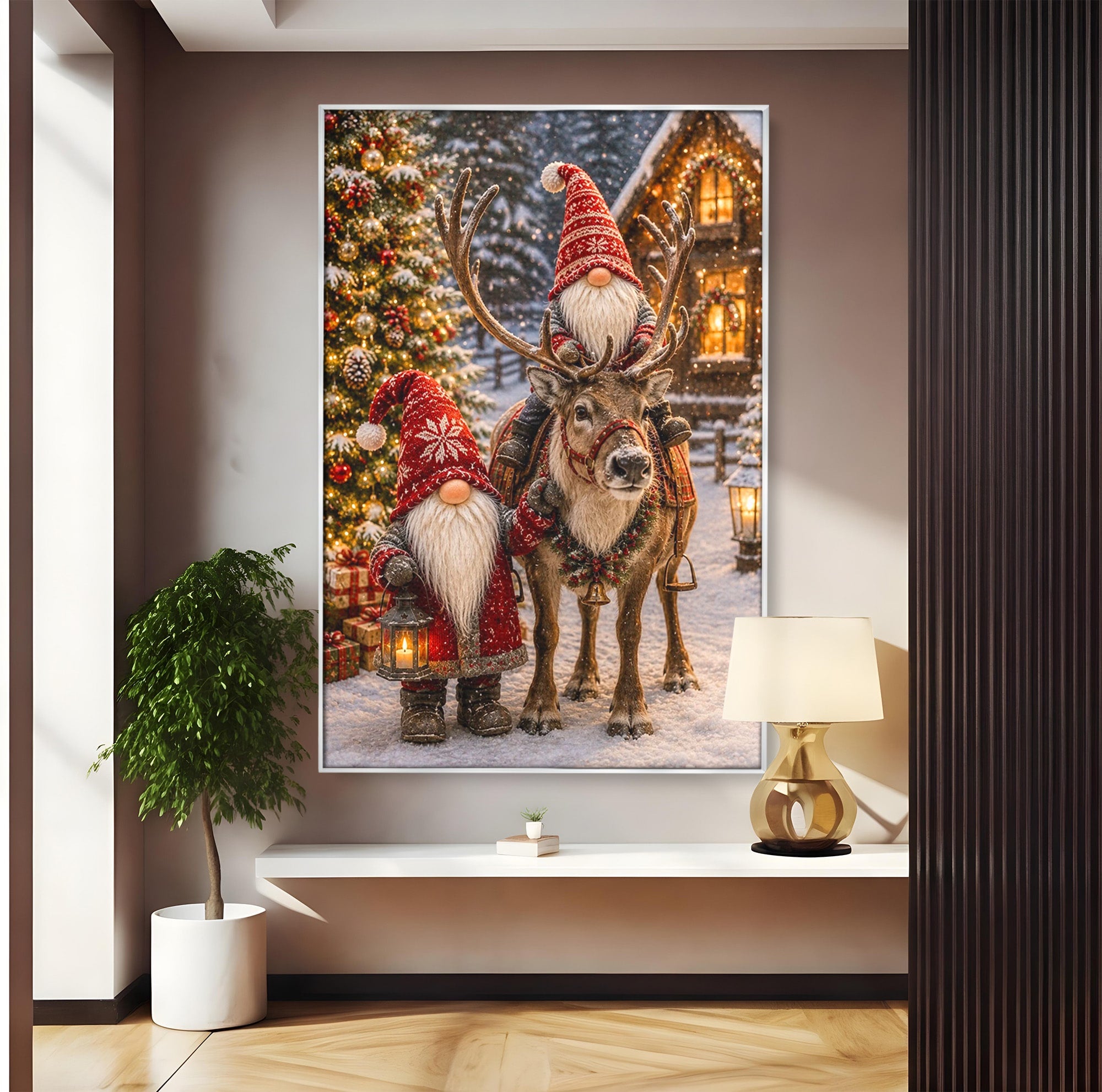 Tablou Canvas Premium LuxCanva® PI1261, Craciun Magic Cu Gnomi, Sarbatoare, Bucurie, Iarna, Ren, Living, Culori Vibrante