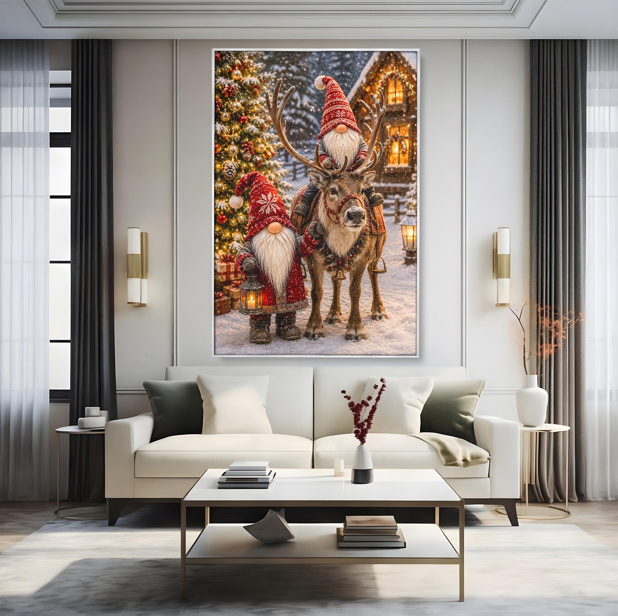 Tablou Canvas Premium LuxCanva® PI1261, Craciun Magic Cu Gnomi, Sarbatoare, Bucurie, Iarna, Ren, Living, Culori Vibrante