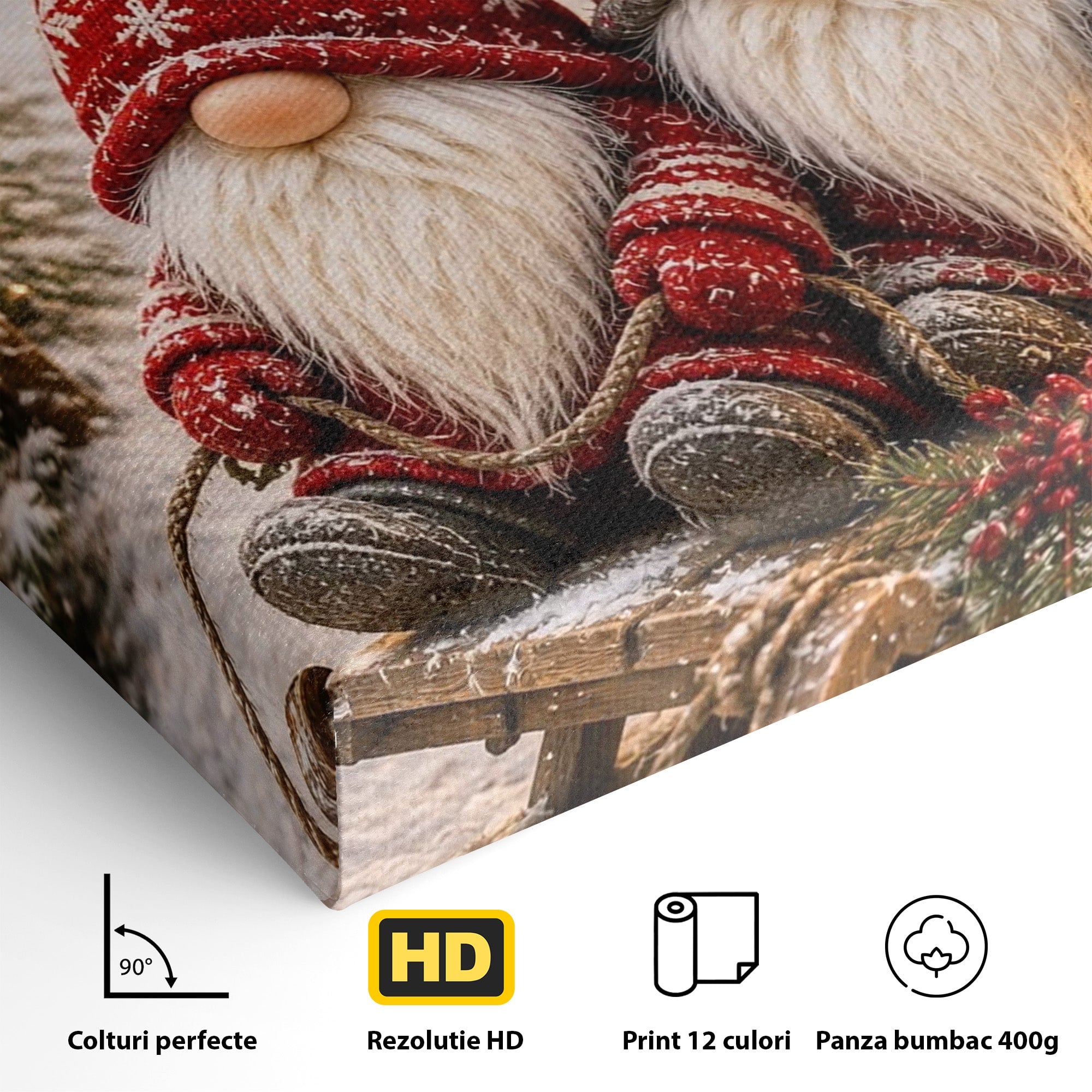 Tablou Canvas Premium LuxCanva® PI1262, Gnomi De Craciun Pe Sanie, Luminite, Feerie, Iarna, Cabana, Living, Culori Vibrante