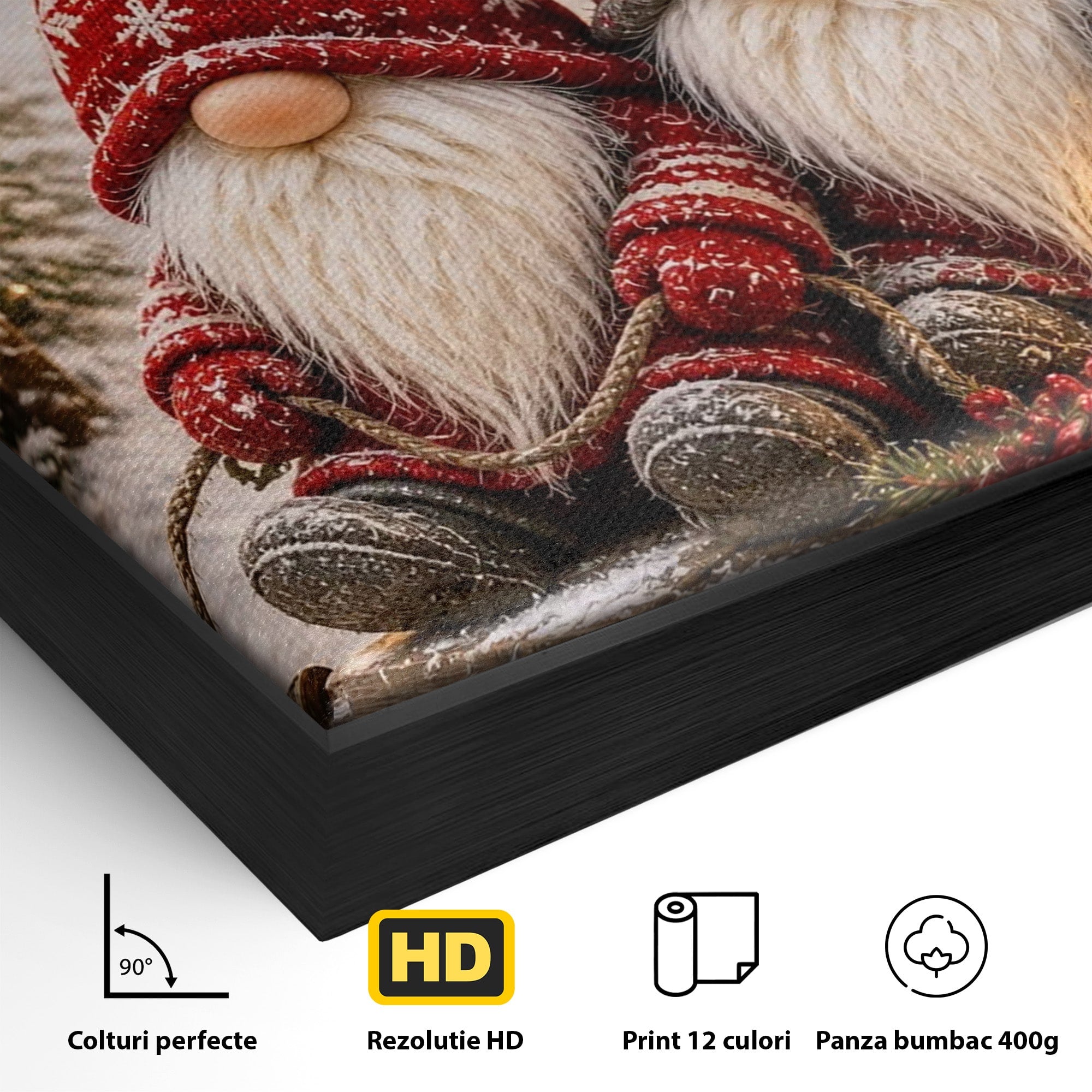 Tablou Canvas Premium LuxCanva® PI1262, Gnomi De Craciun Pe Sanie, Luminite, Feerie, Iarna, Cabana, Living, Culori Vibrante